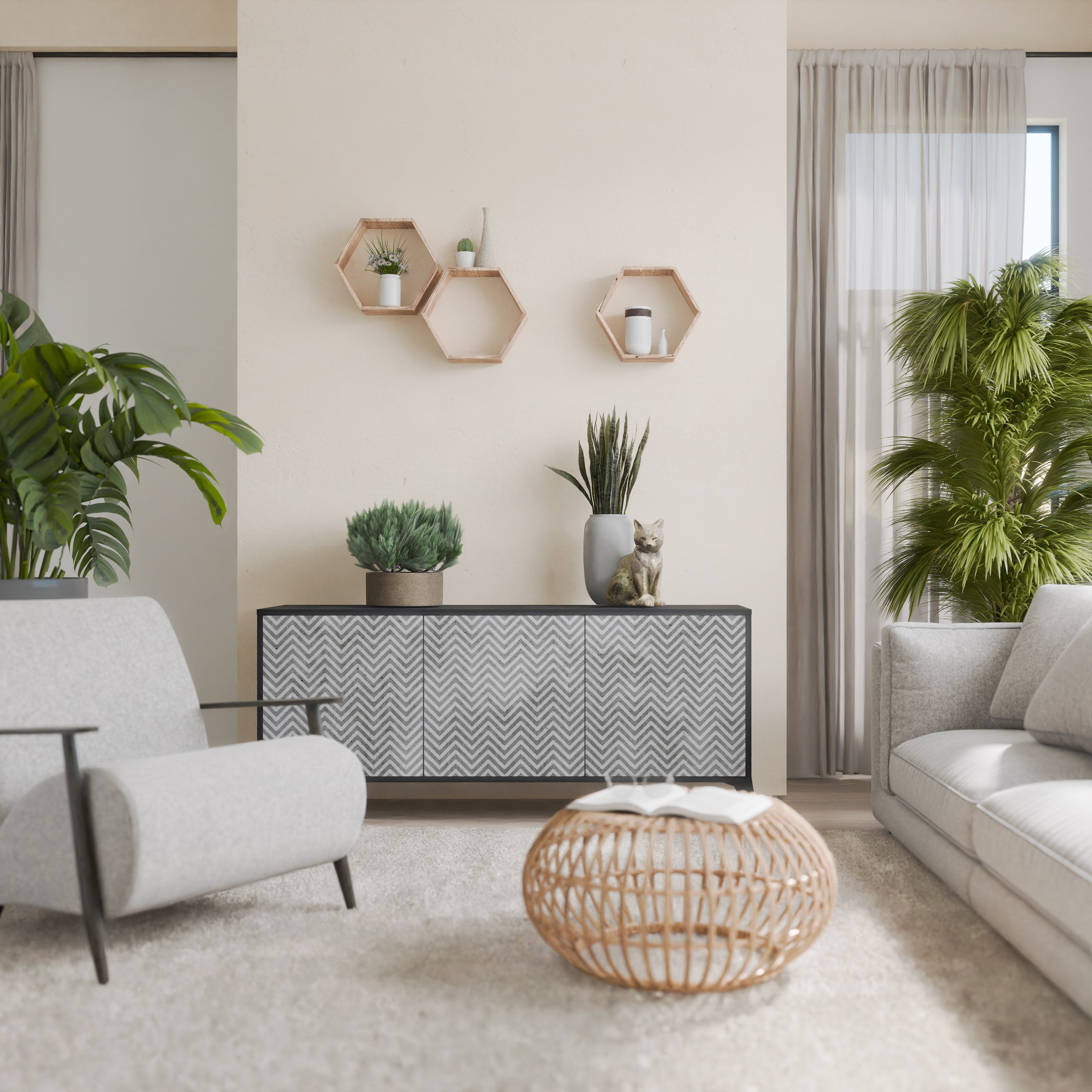 Aparador CONCRETE ZIG ZAG de 3 puertas con acabado negro