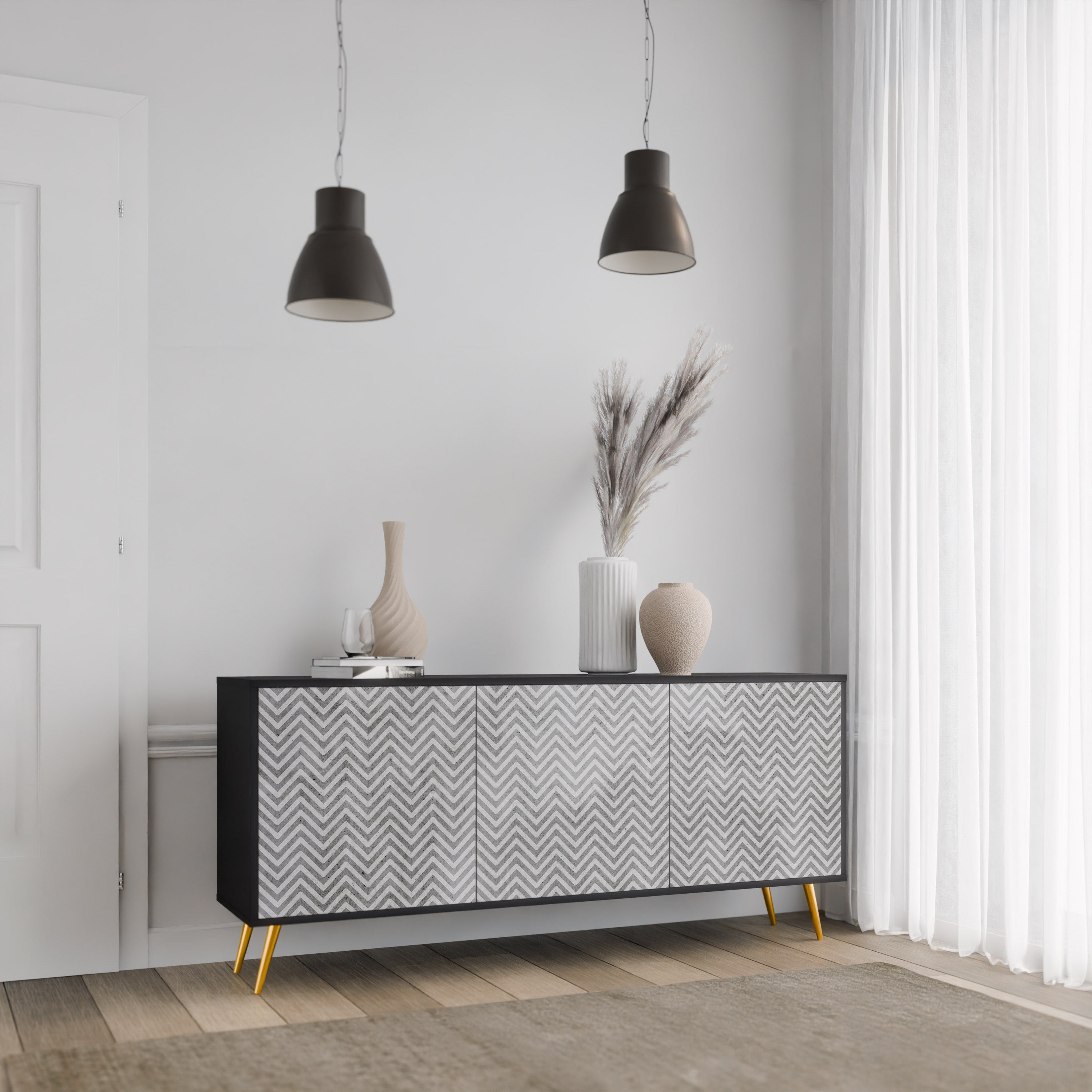 Aparador CONCRETE ZIG ZAG de 3 puertas con acabado negro