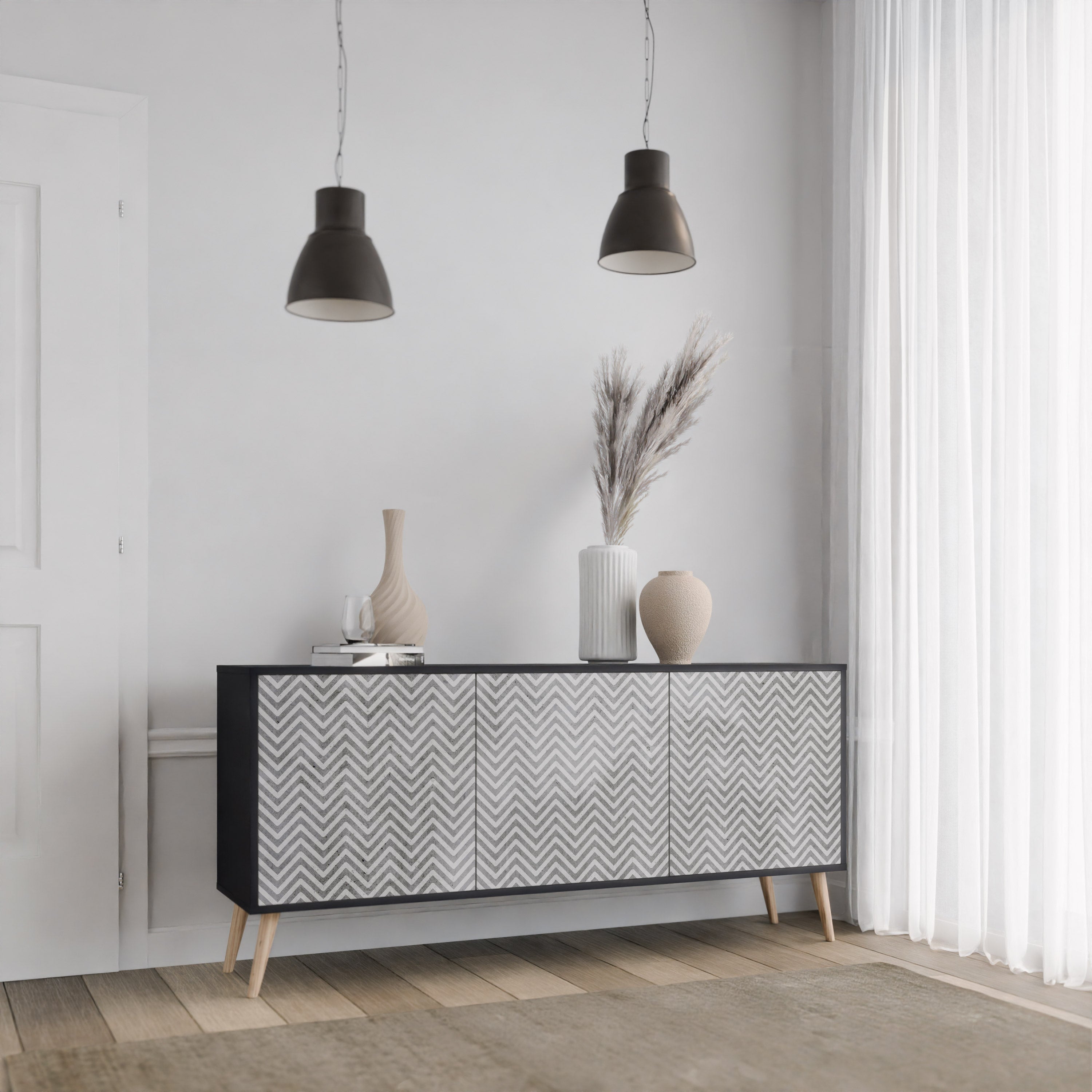 Aparador CONCRETE ZIG ZAG de 3 puertas con acabado negro
