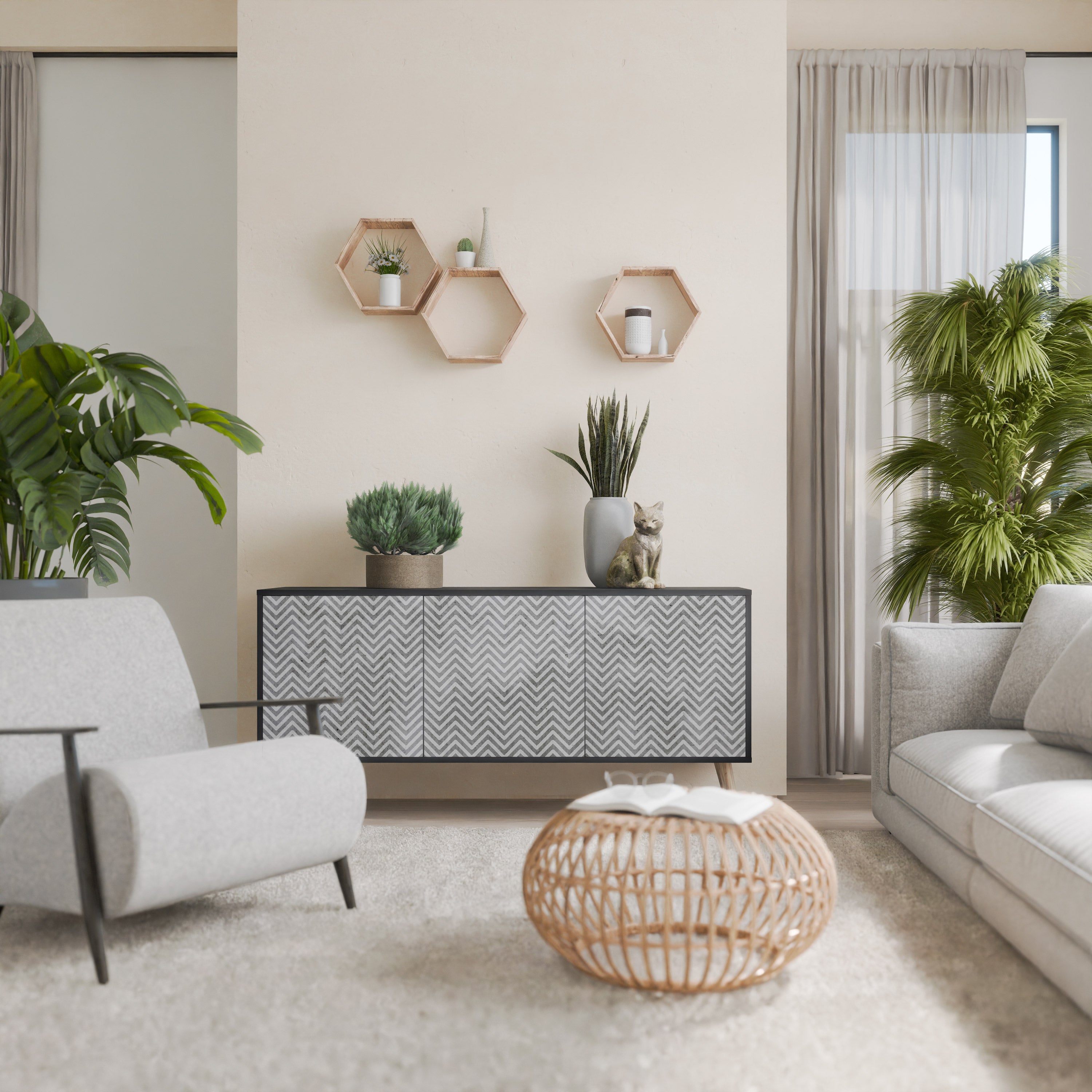 Aparador CONCRETE ZIG ZAG de 3 puertas con acabado negro