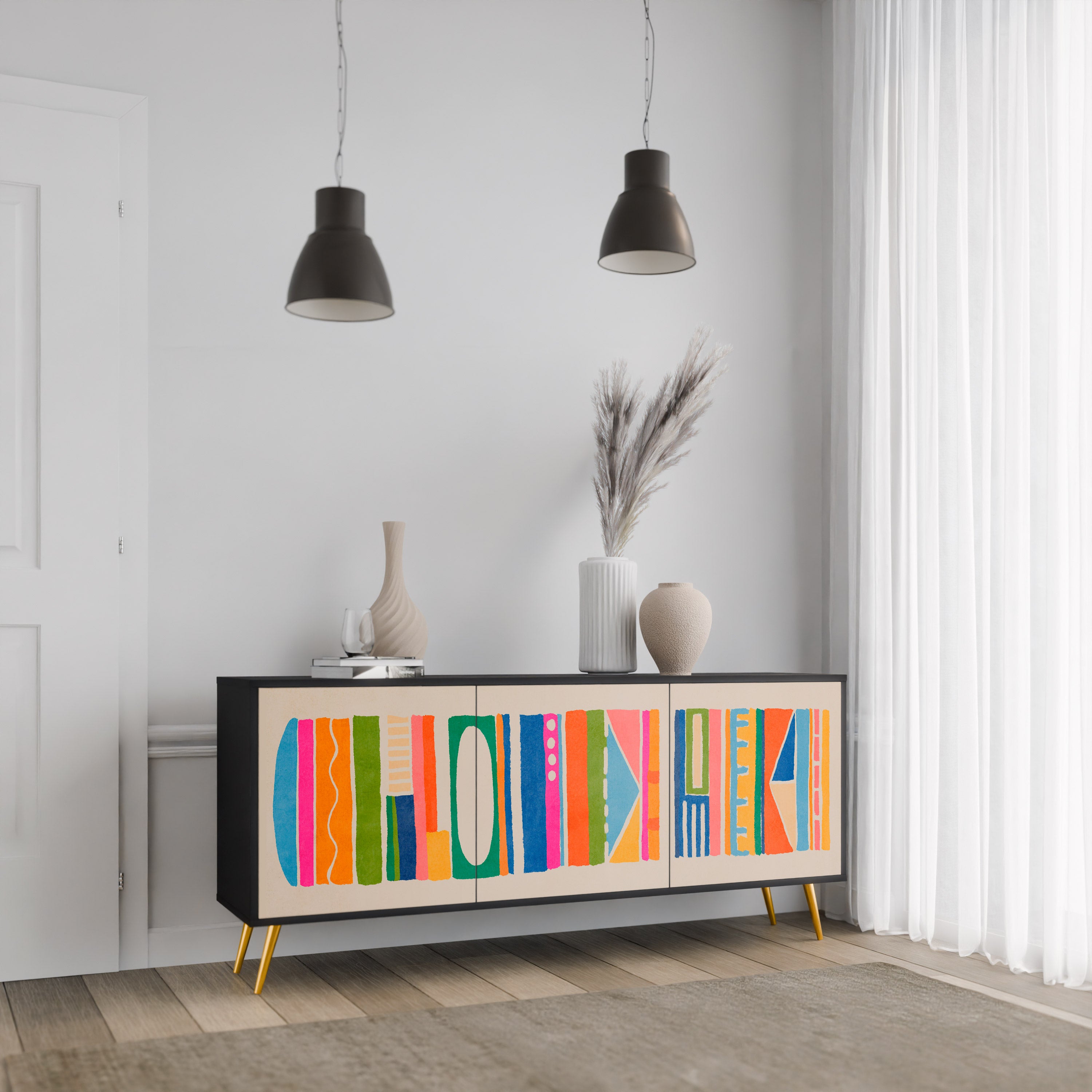 Aparador GEOMETRIC SHINE de 3 puertas en acabado negro