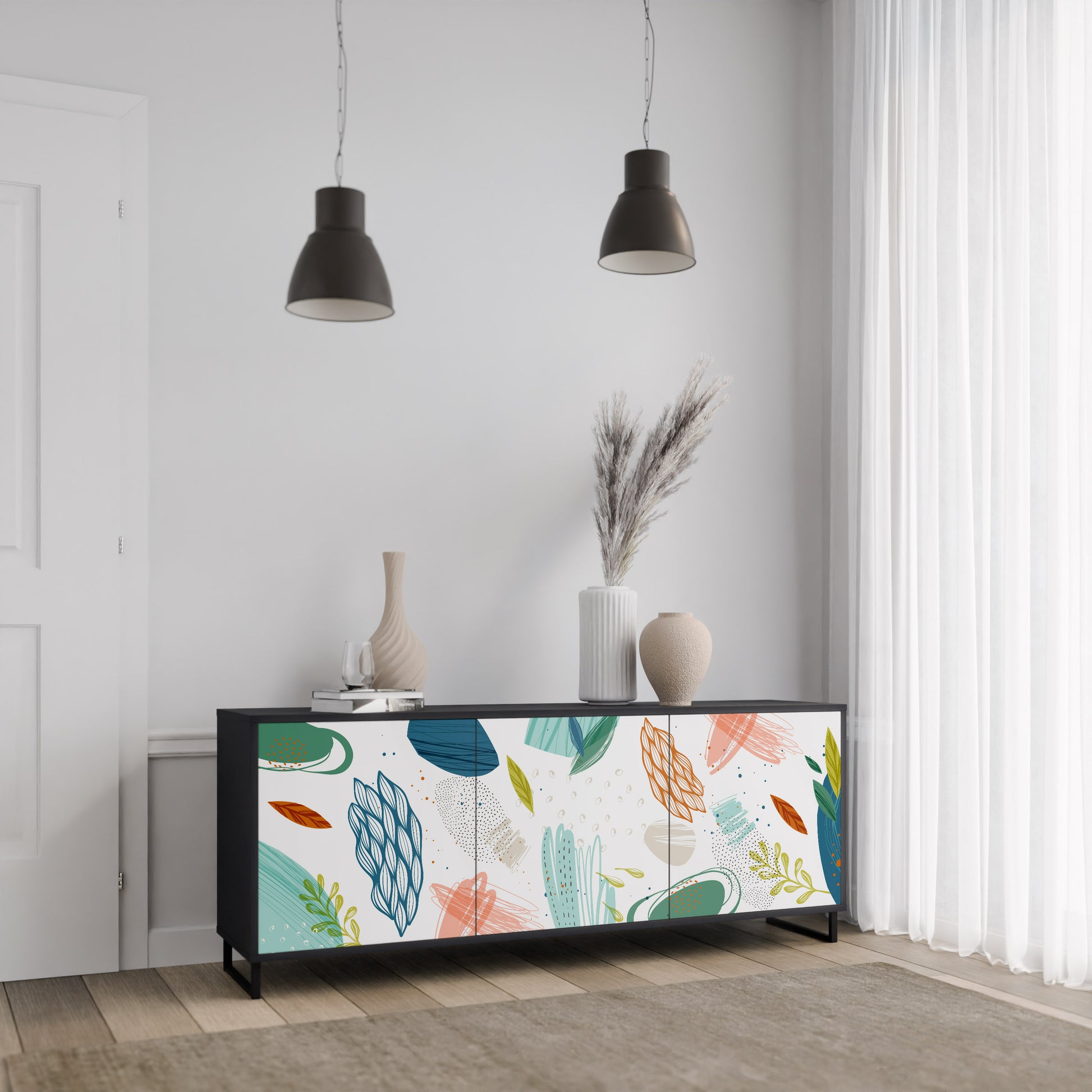 BOTANICAL HURRICANE 3-Door Sideboard in Black Finish