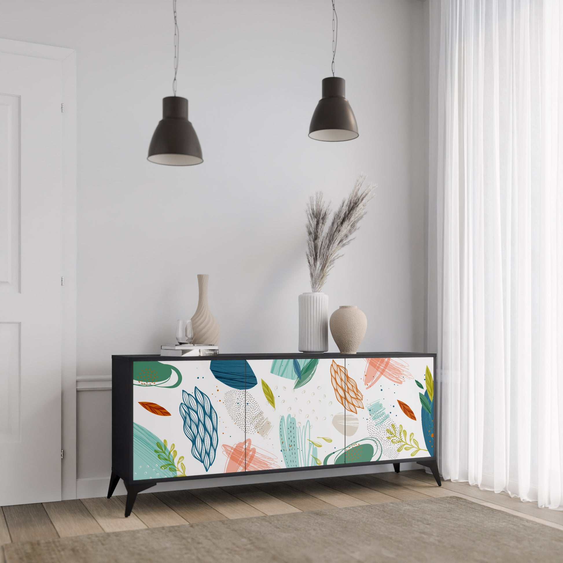 BOTANICAL HURRICANE 3-Door Sideboard in Black Finish