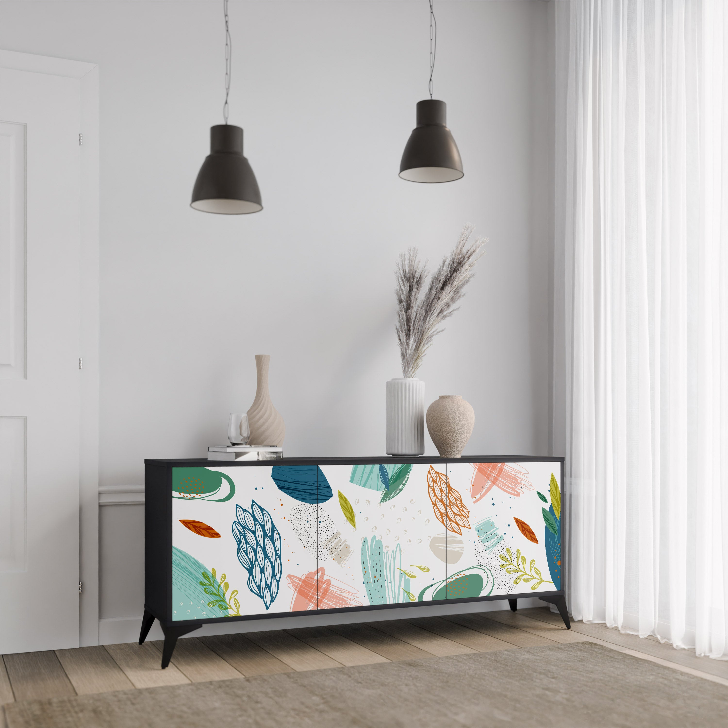 BOTANICAL HURRICANE 3-Door Sideboard in Black Finish