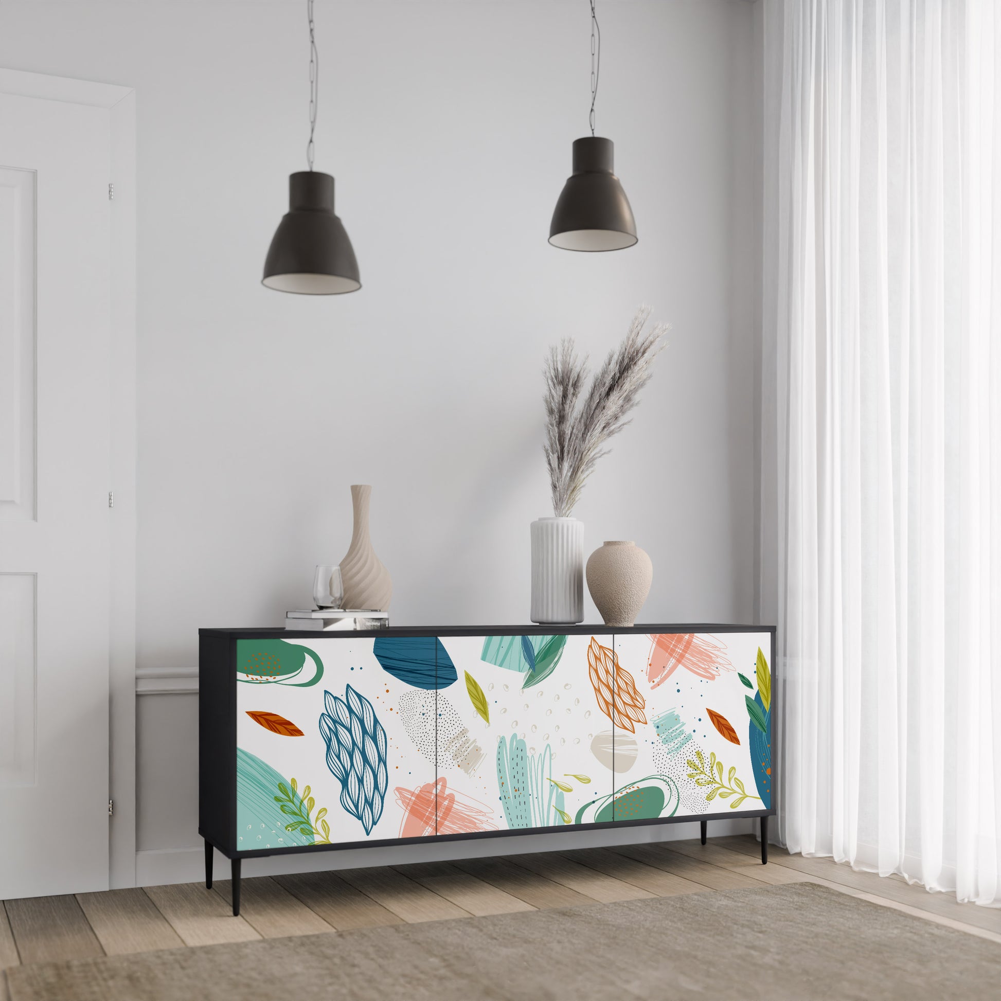 BOTANICAL HURRICANE 3-Door Sideboard in Black Finish