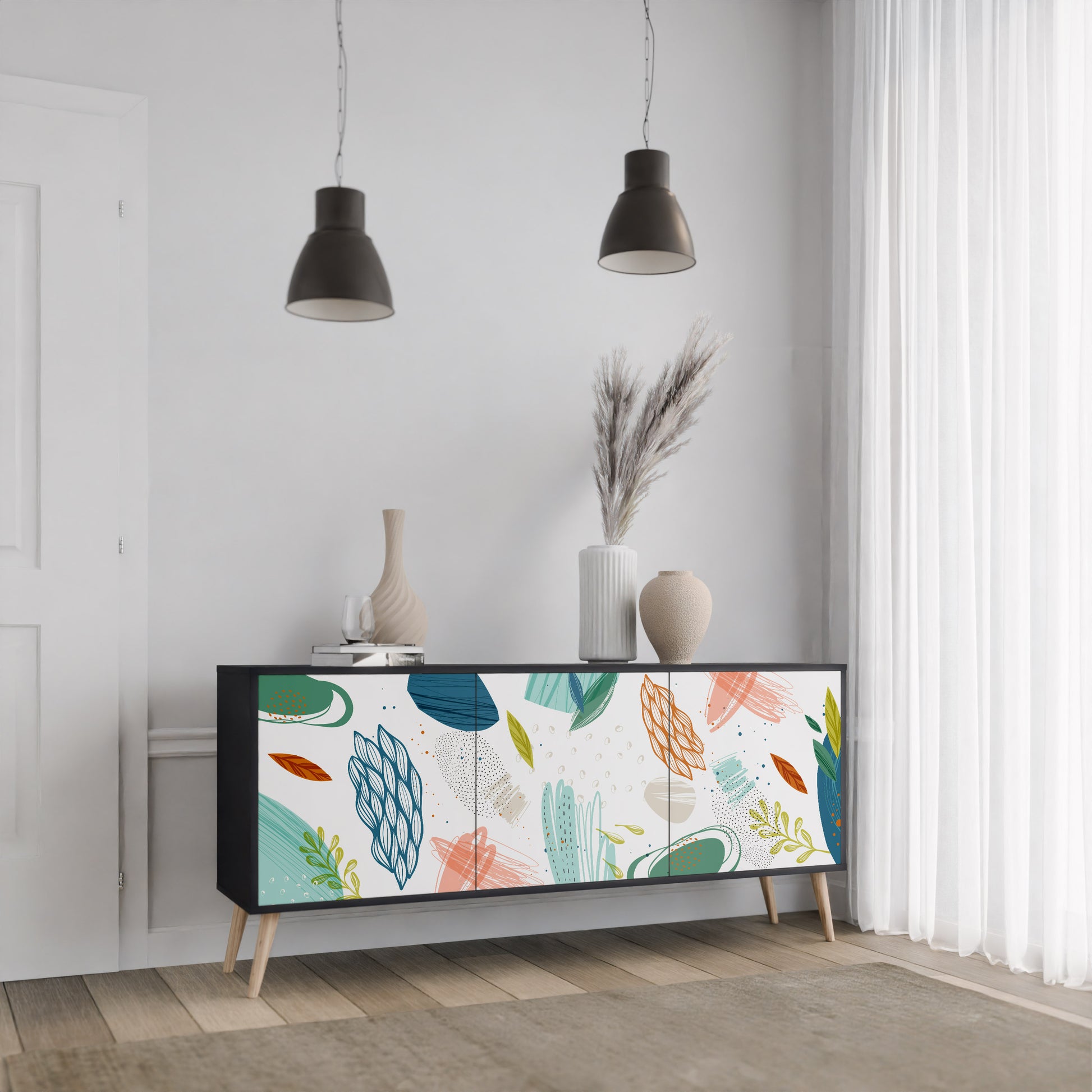 BOTANICAL HURRICANE 3-Door Sideboard in Black Finish