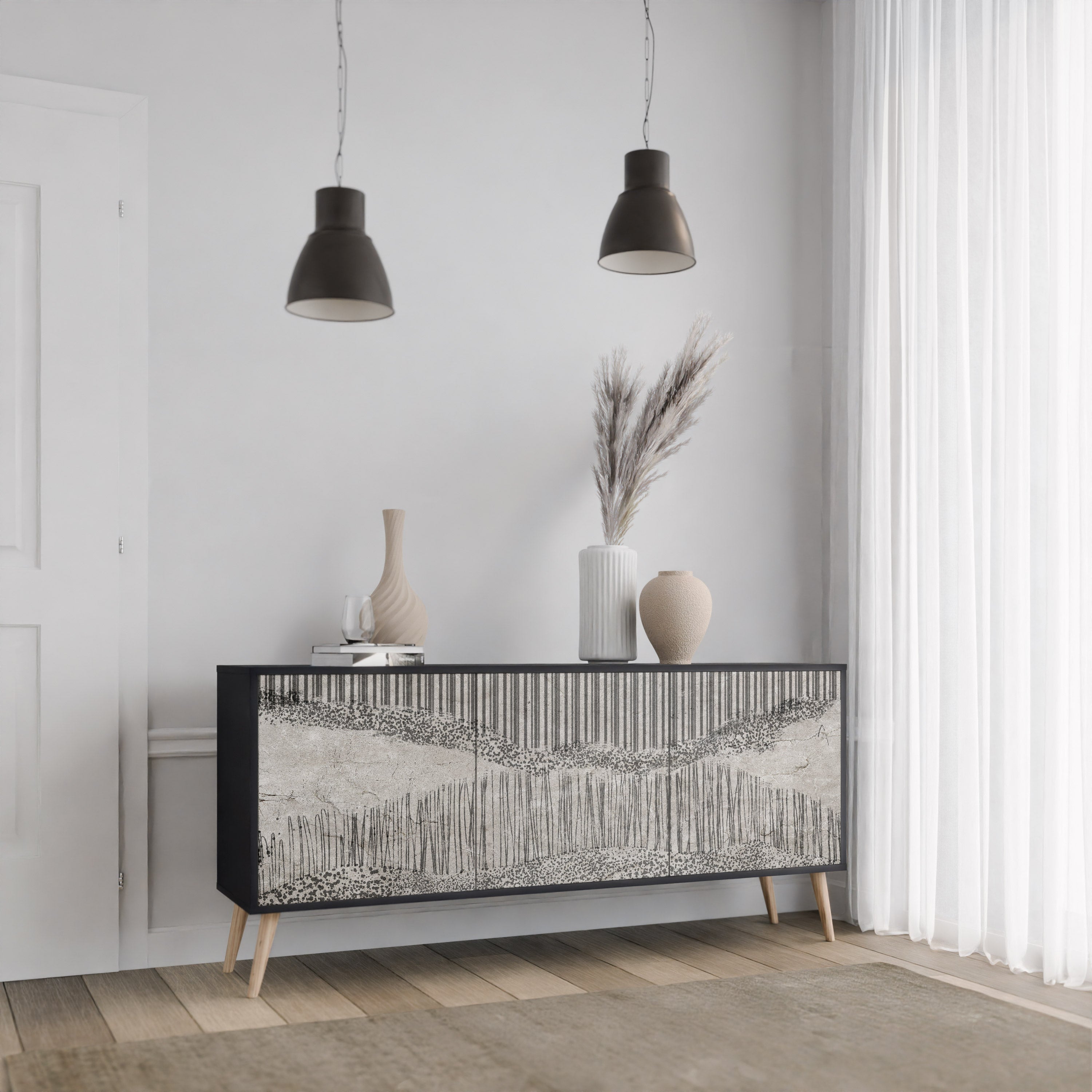 GRAIN LINES 3-Door Sideboard in Black Finish