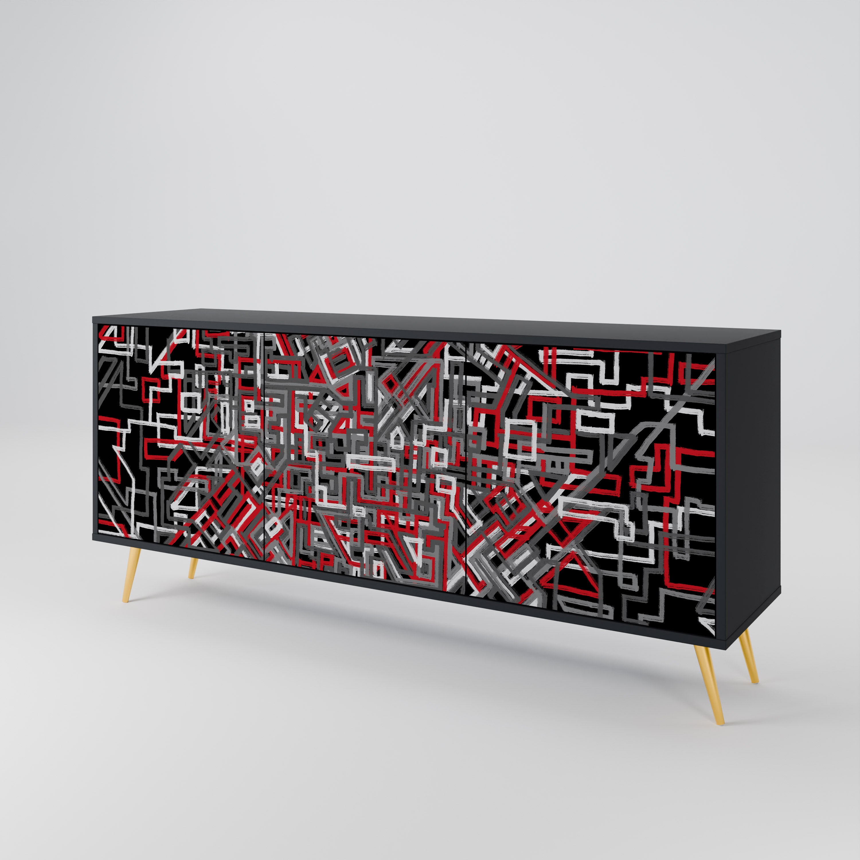 BROKEN LINES 3-Door Sideboard in Black Finish
