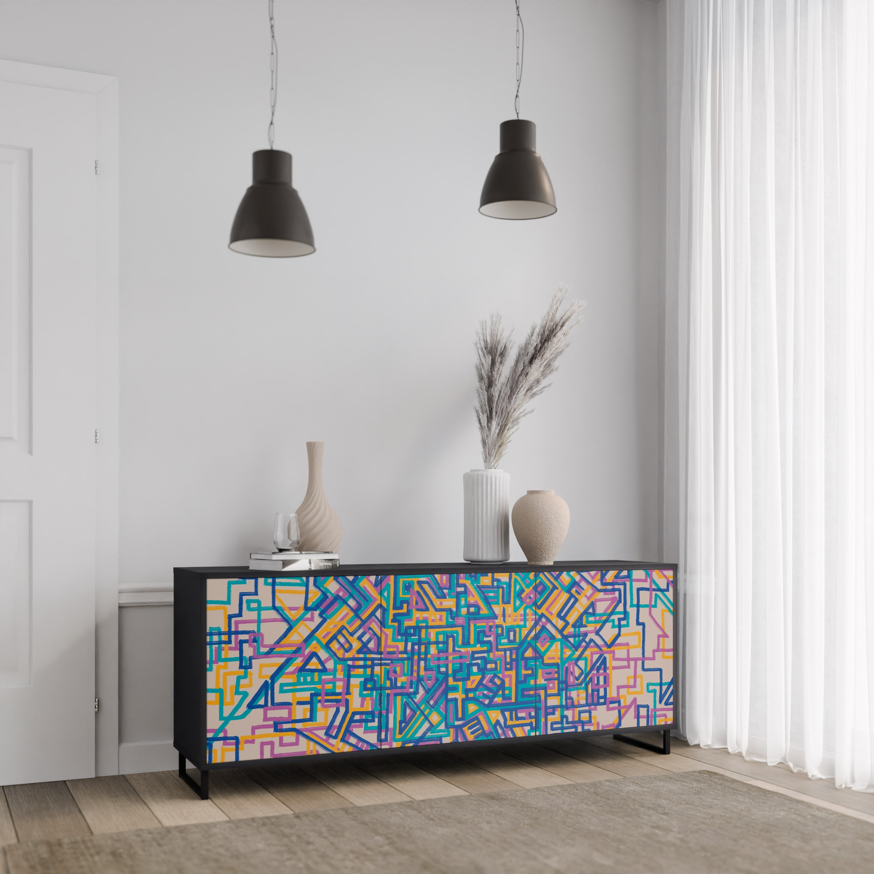 MEMORIES MAP 3-Door Sideboard in Black Finish