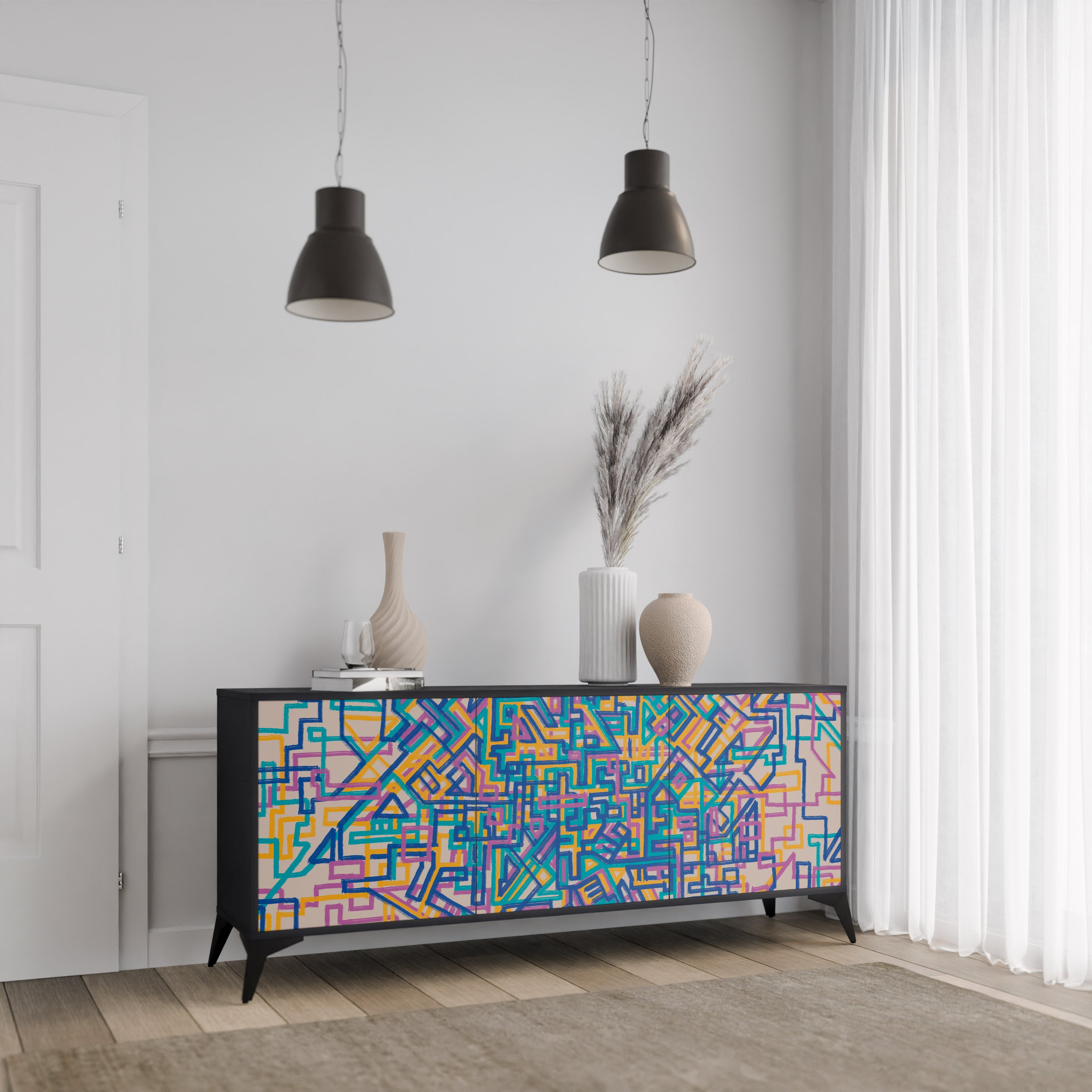 MEMORIES MAP 3-Door Sideboard in Black Finish