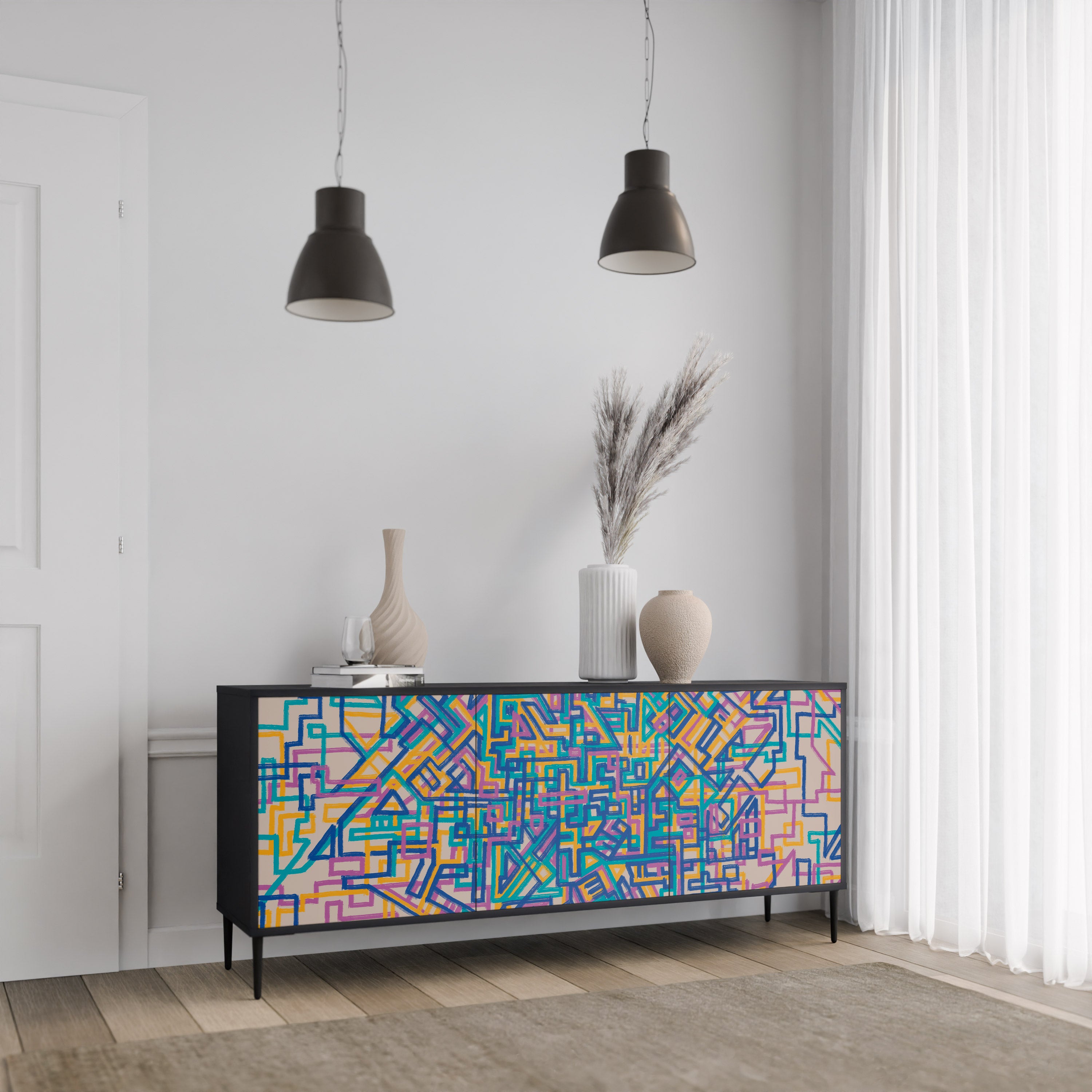 MEMORIES MAP 3-Door Sideboard in Black Finish