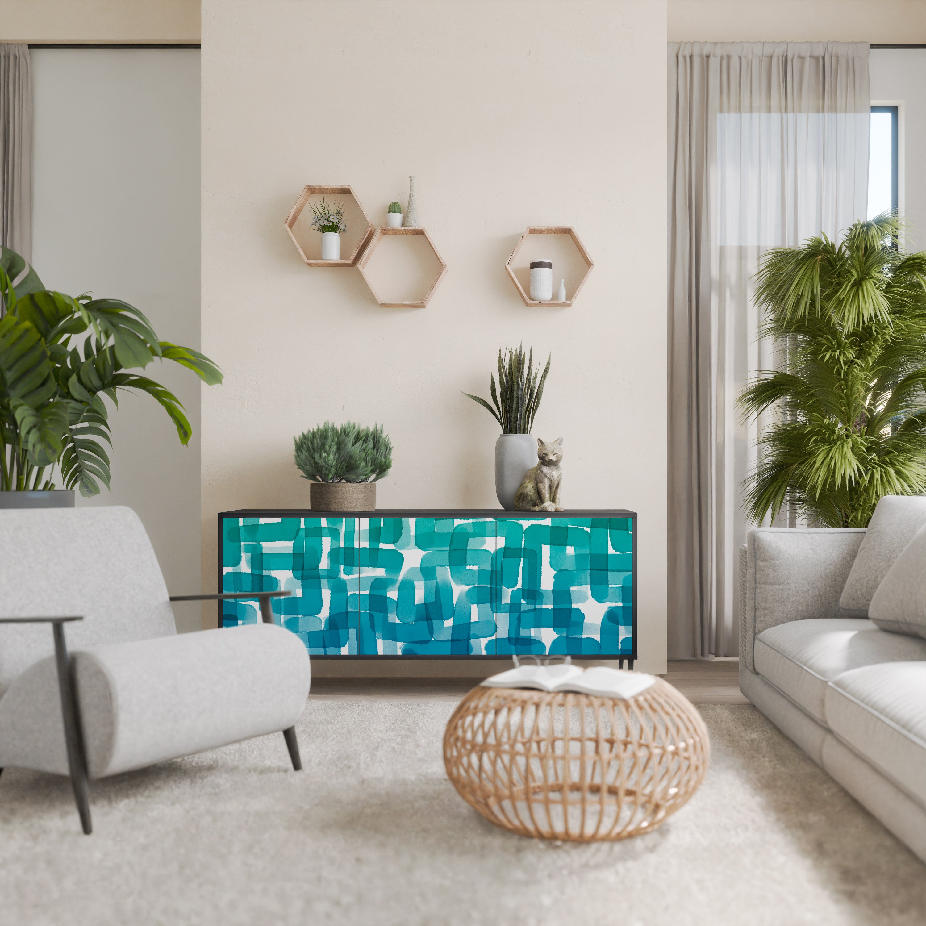 TURQUOISE RECTANGLES 3-Door Sideboard in Black Finish