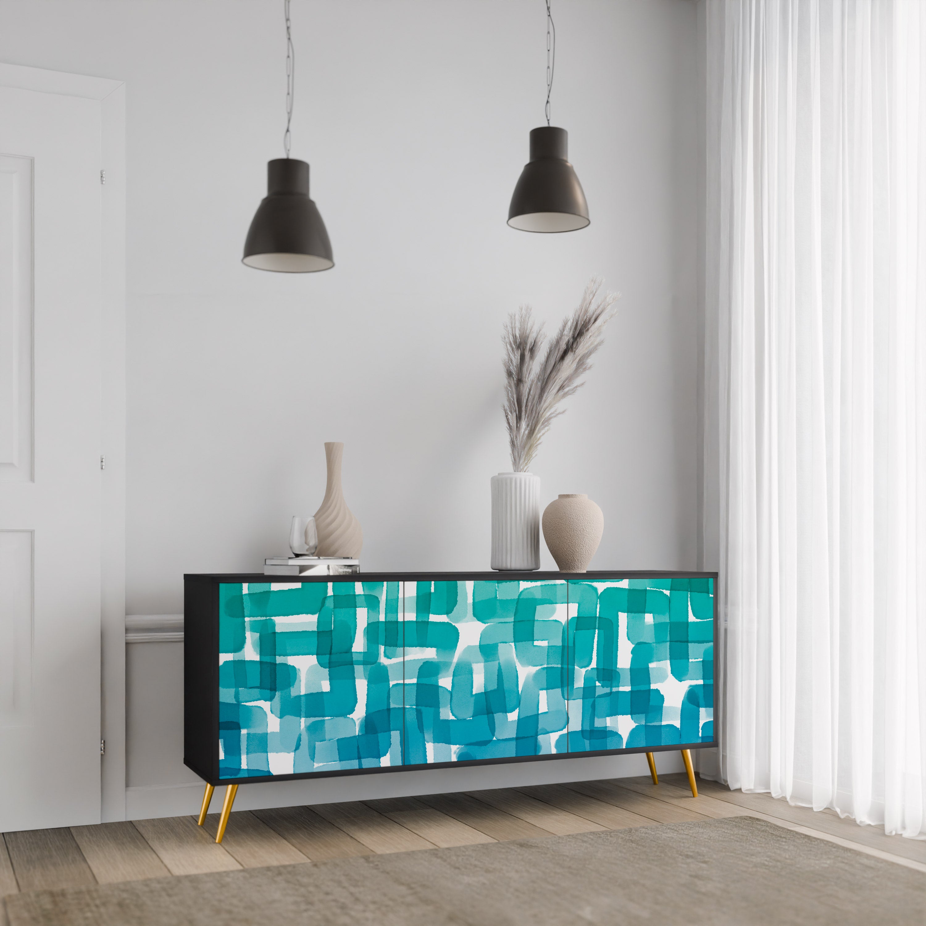 TURQUOISE RECTANGLES 3-Door Sideboard in Black Finish
