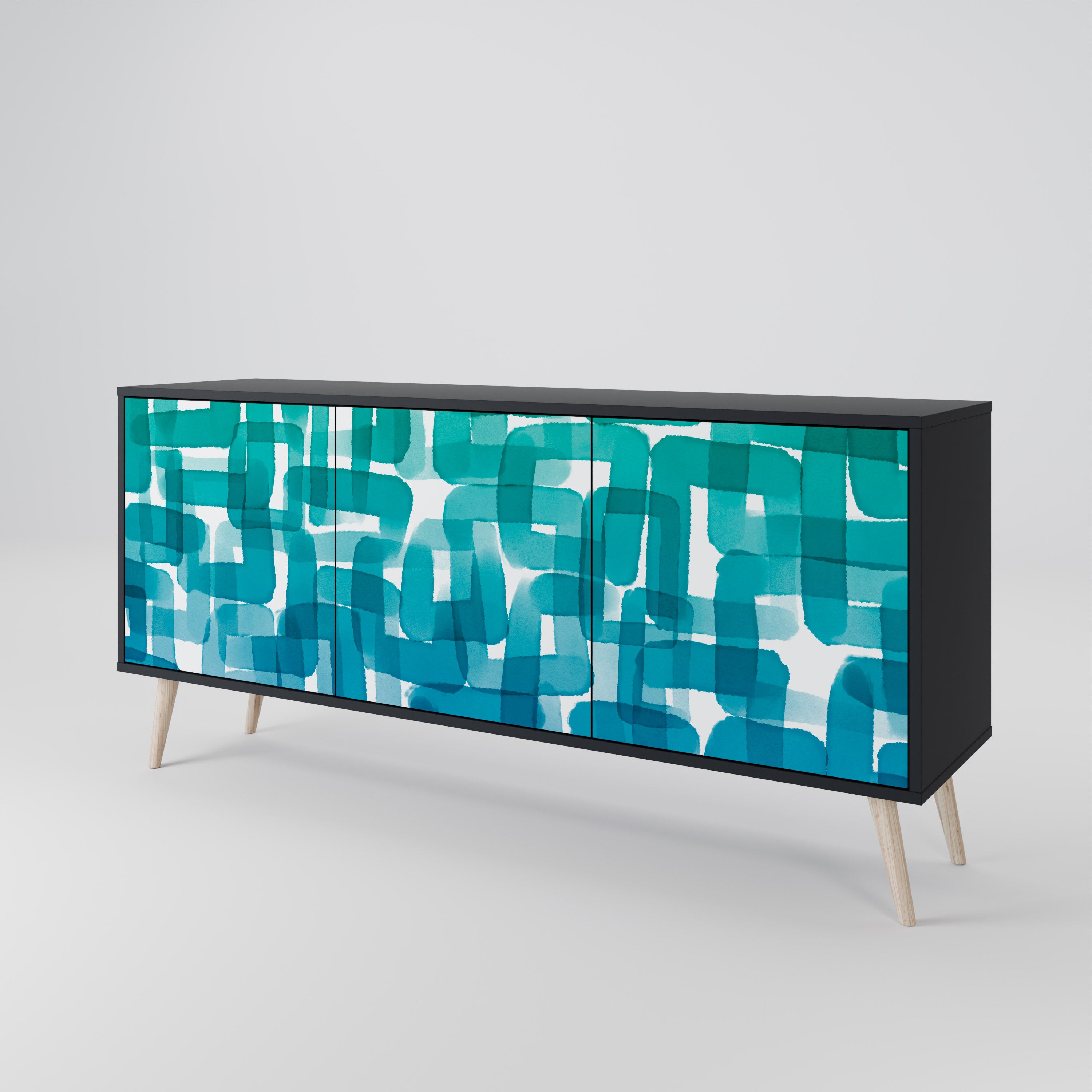 TURQUOISE RECTANGLES 3-Door Sideboard in Black Finish