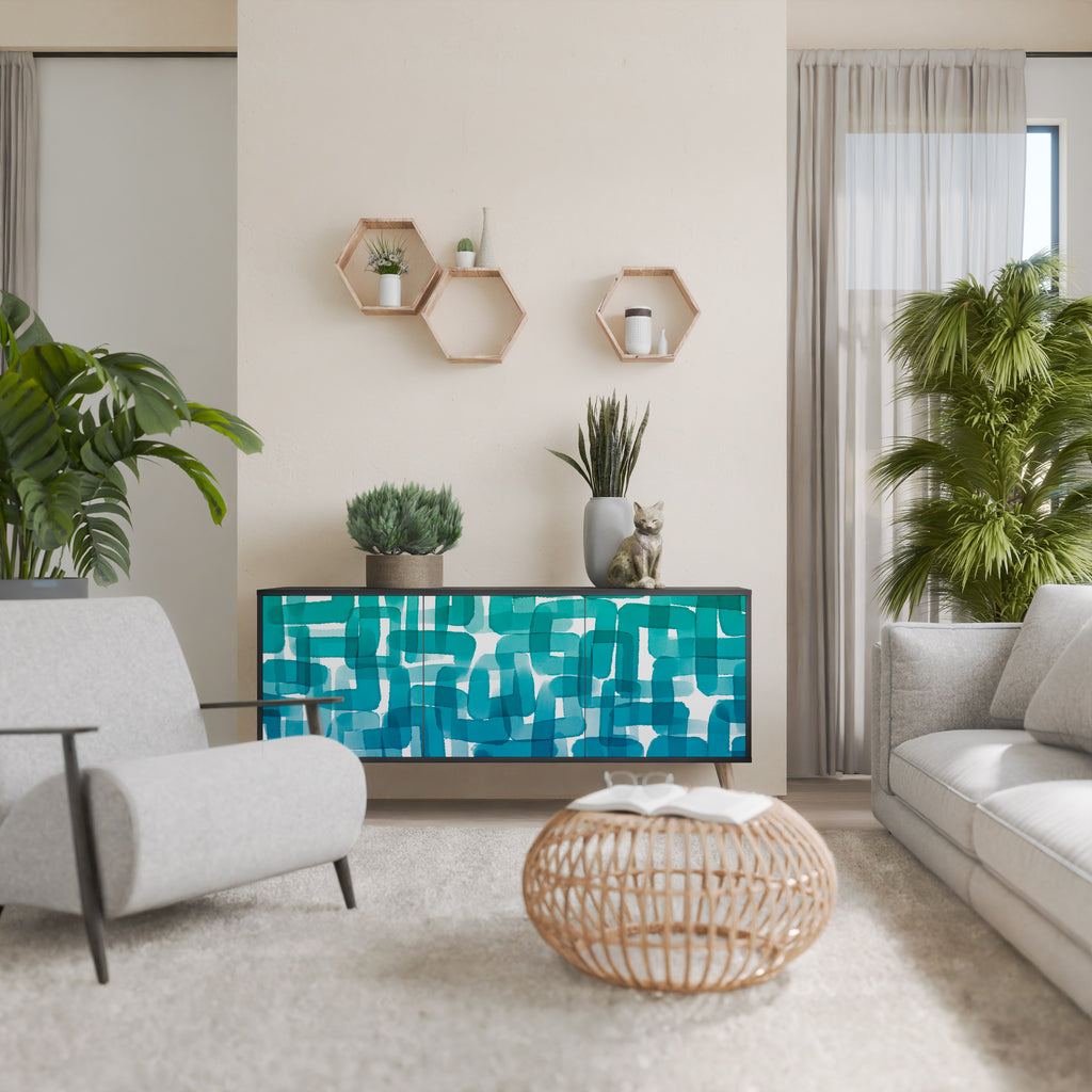 TURQUOISE RECTANGLES 3-Door Sideboard in Black Finish