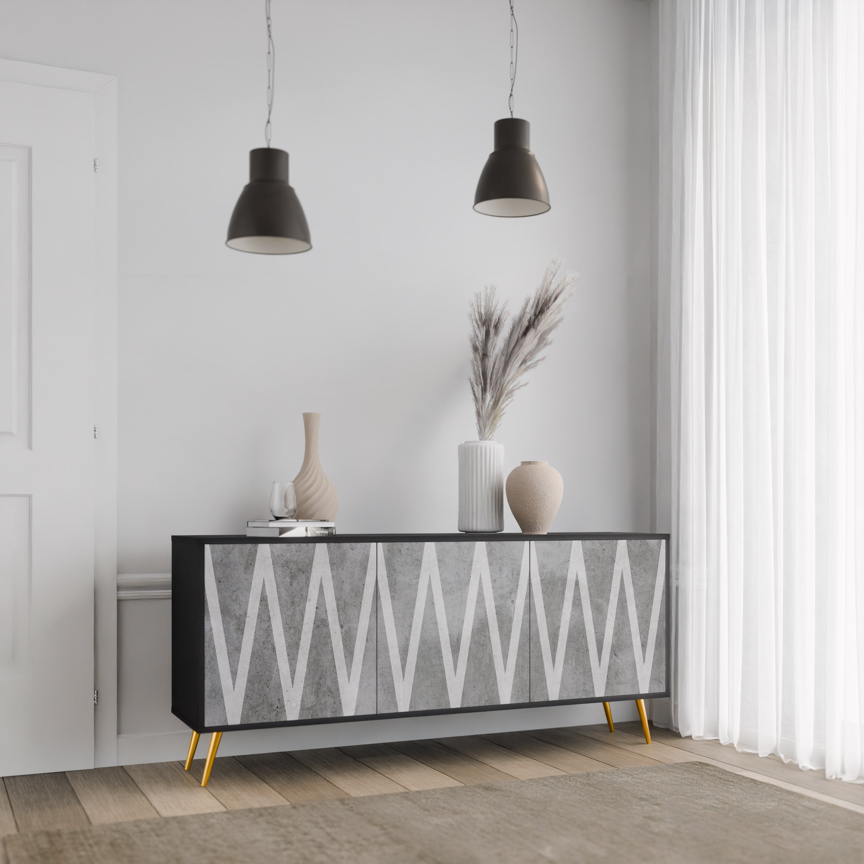 SOLID ZIG ZAG 3-Door Sideboard in Black Finish