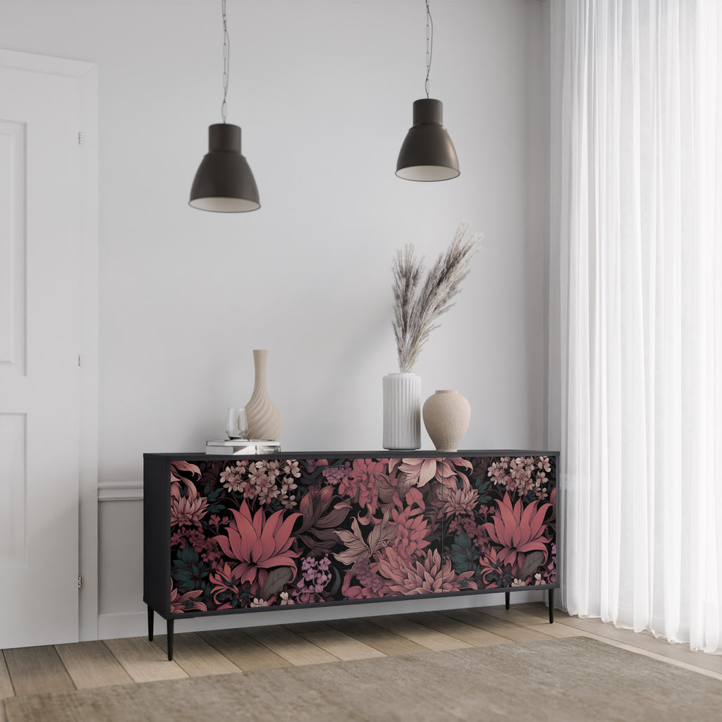 FLORAL WHISPER 3-Door Sideboard in Black Finish