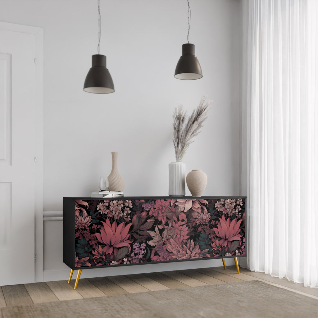 FLORAL WHISPER 3-Door Sideboard in Black Finish