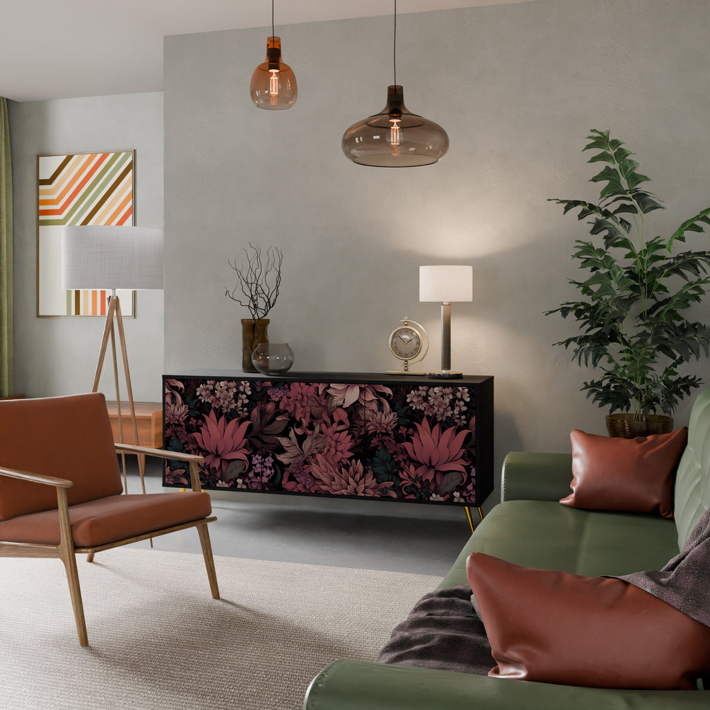 FLORAL WHISPER 3-Door Sideboard in Black Finish