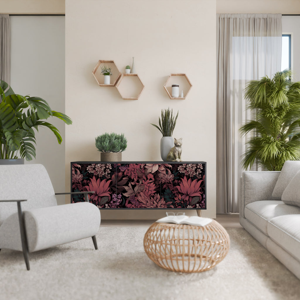 FLORAL WHISPER 3-Door Sideboard in Black Finish