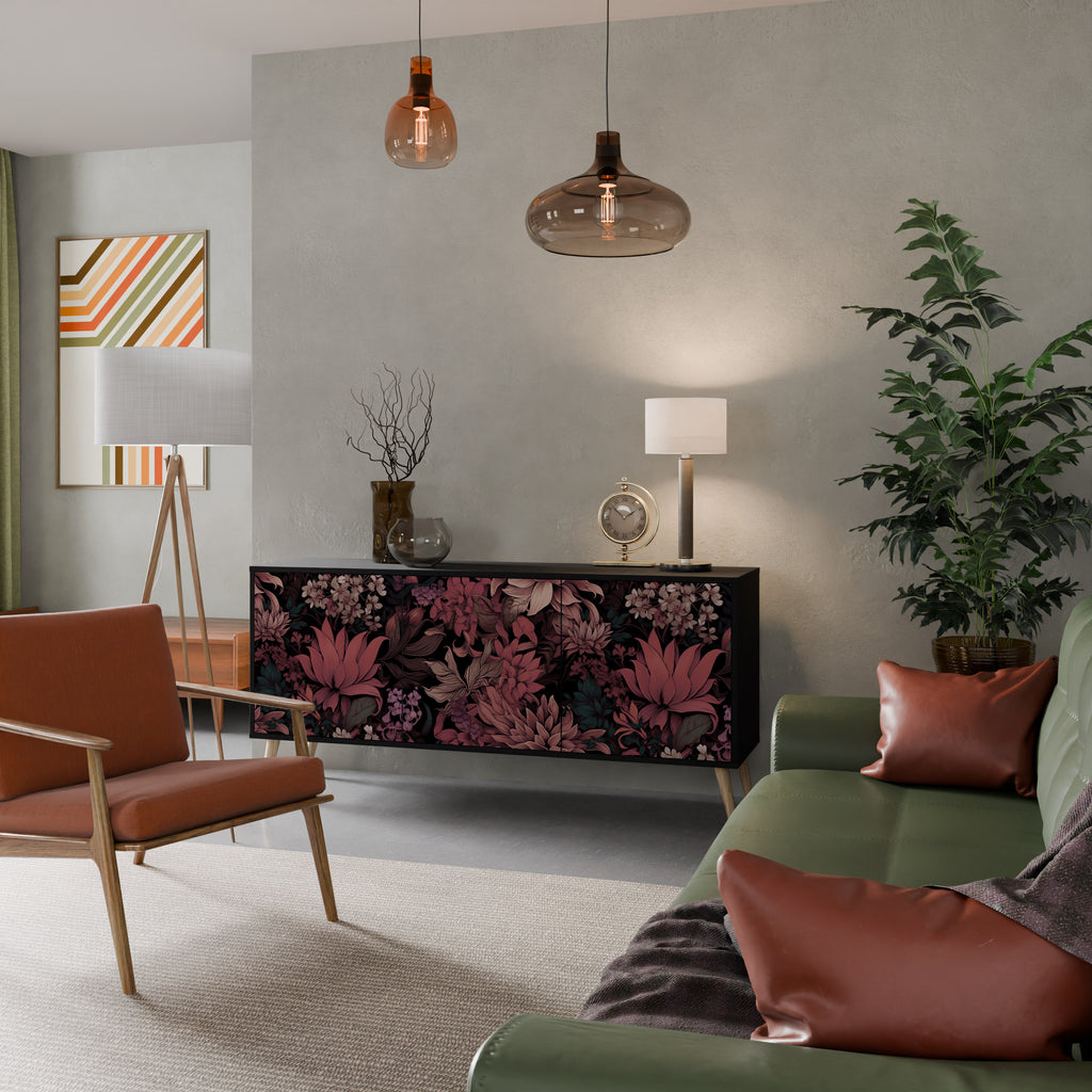 FLORAL WHISPER 3-Door Sideboard in Black Finish