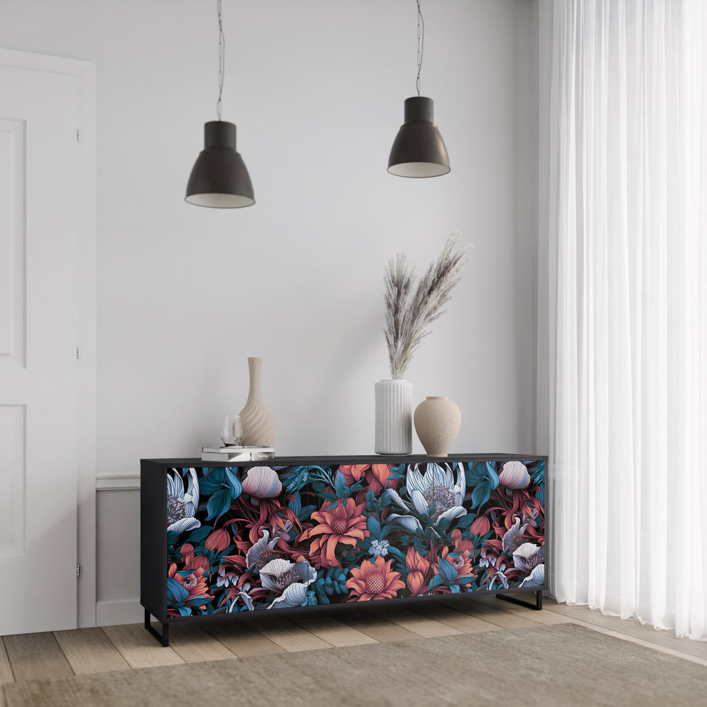 ETHEREAL BLOSSOMS 3-Door Sideboard in Black Finish