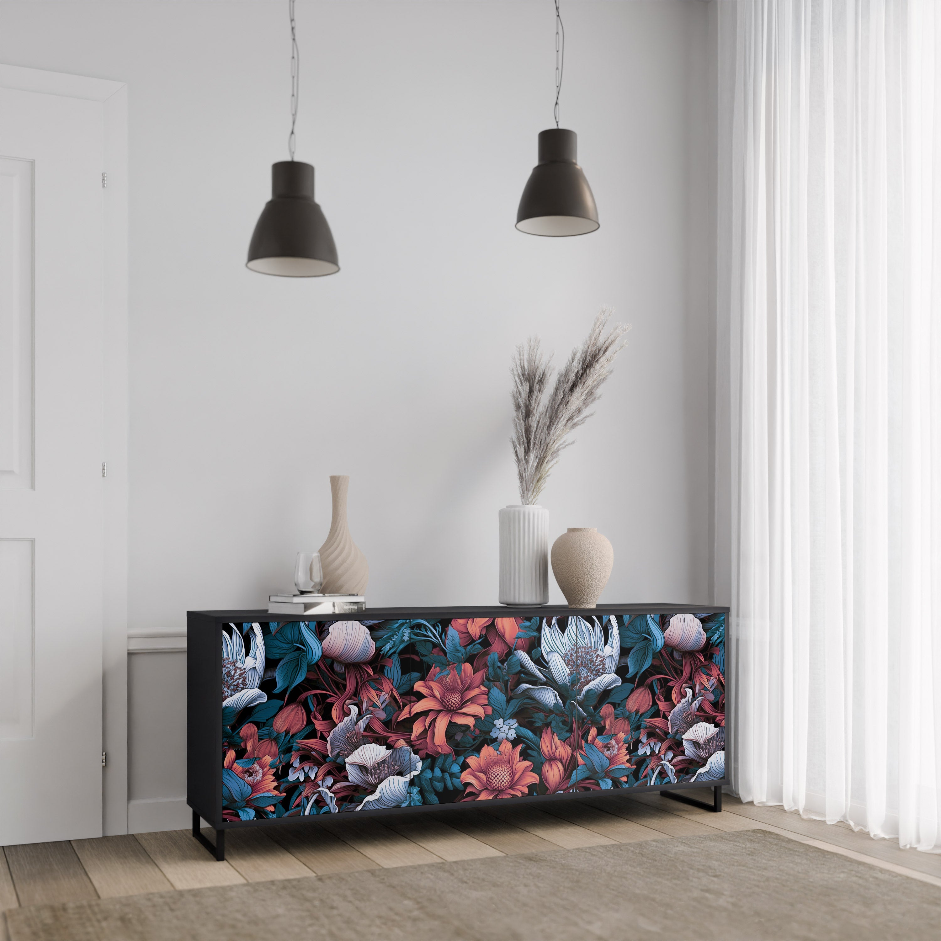 ETHEREAL BLOSSOMS 3-Door Sideboard in Black Finish