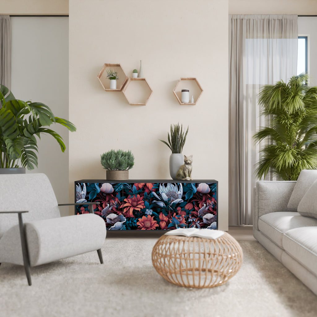 ETHEREAL BLOSSOMS 3-Door Sideboard in Black Finish