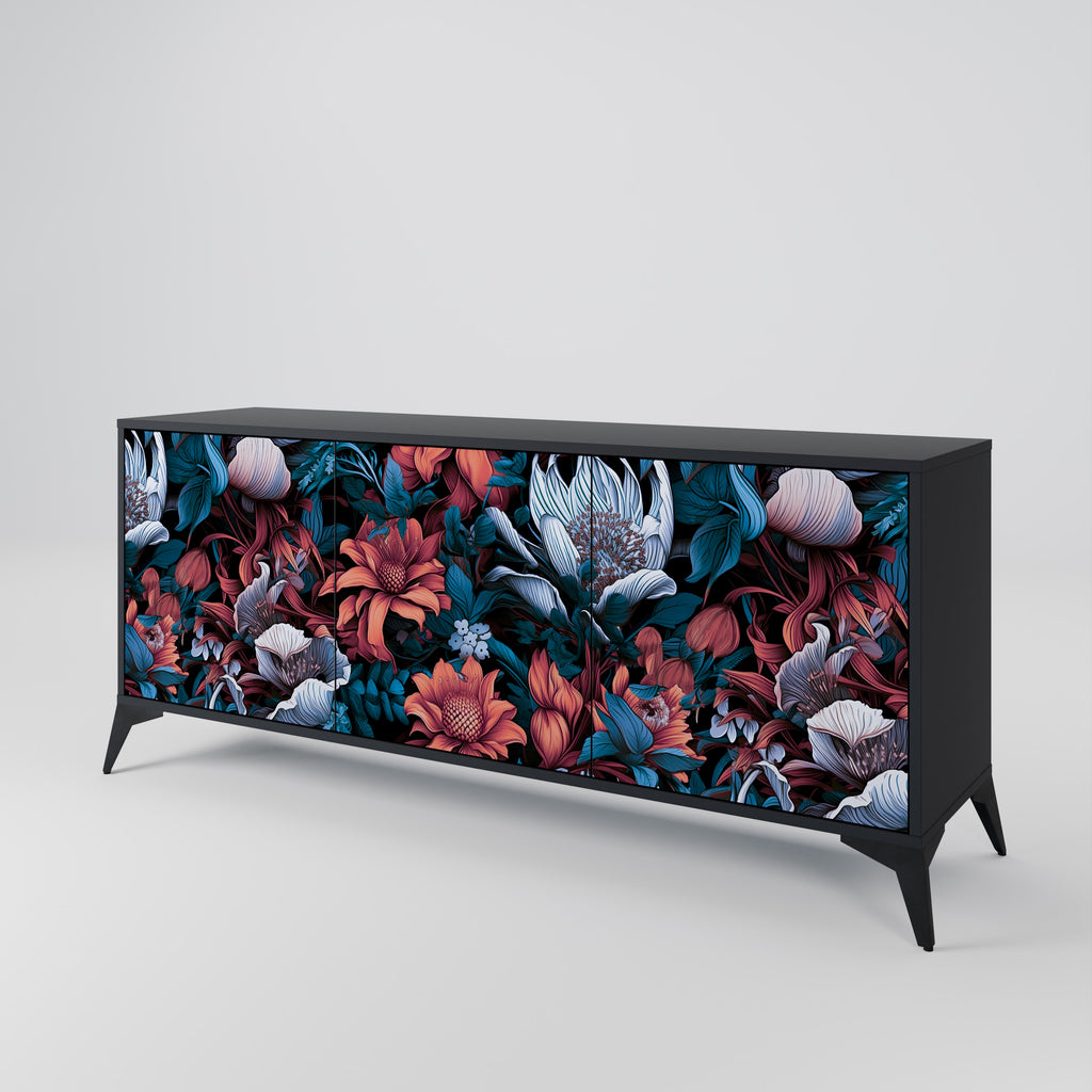 ETHEREAL BLOSSOMS 3-Door Sideboard in Black Finish