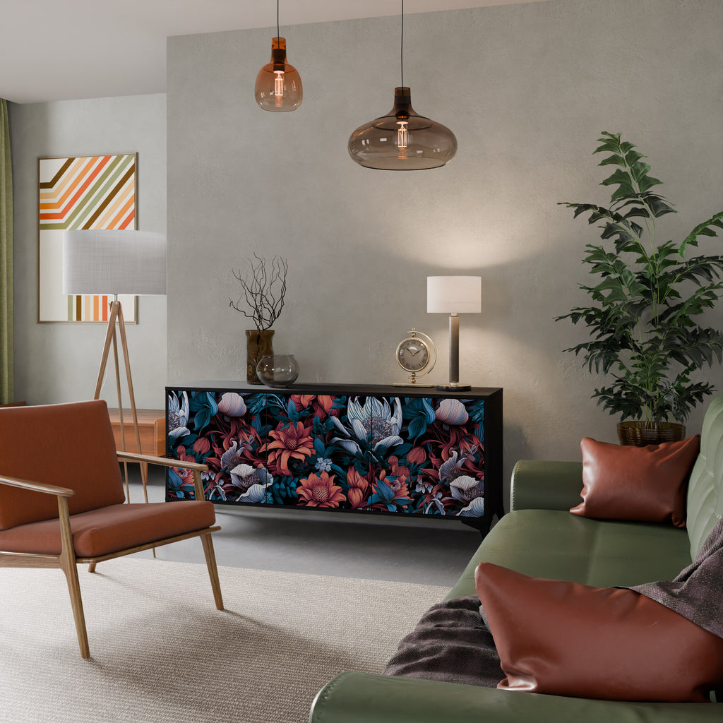 ETHEREAL BLOSSOMS 3-Door Sideboard in Black Finish