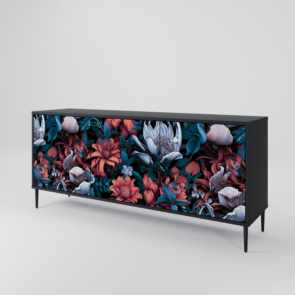 ETHEREAL BLOSSOMS 3-Door Sideboard in Black Finish