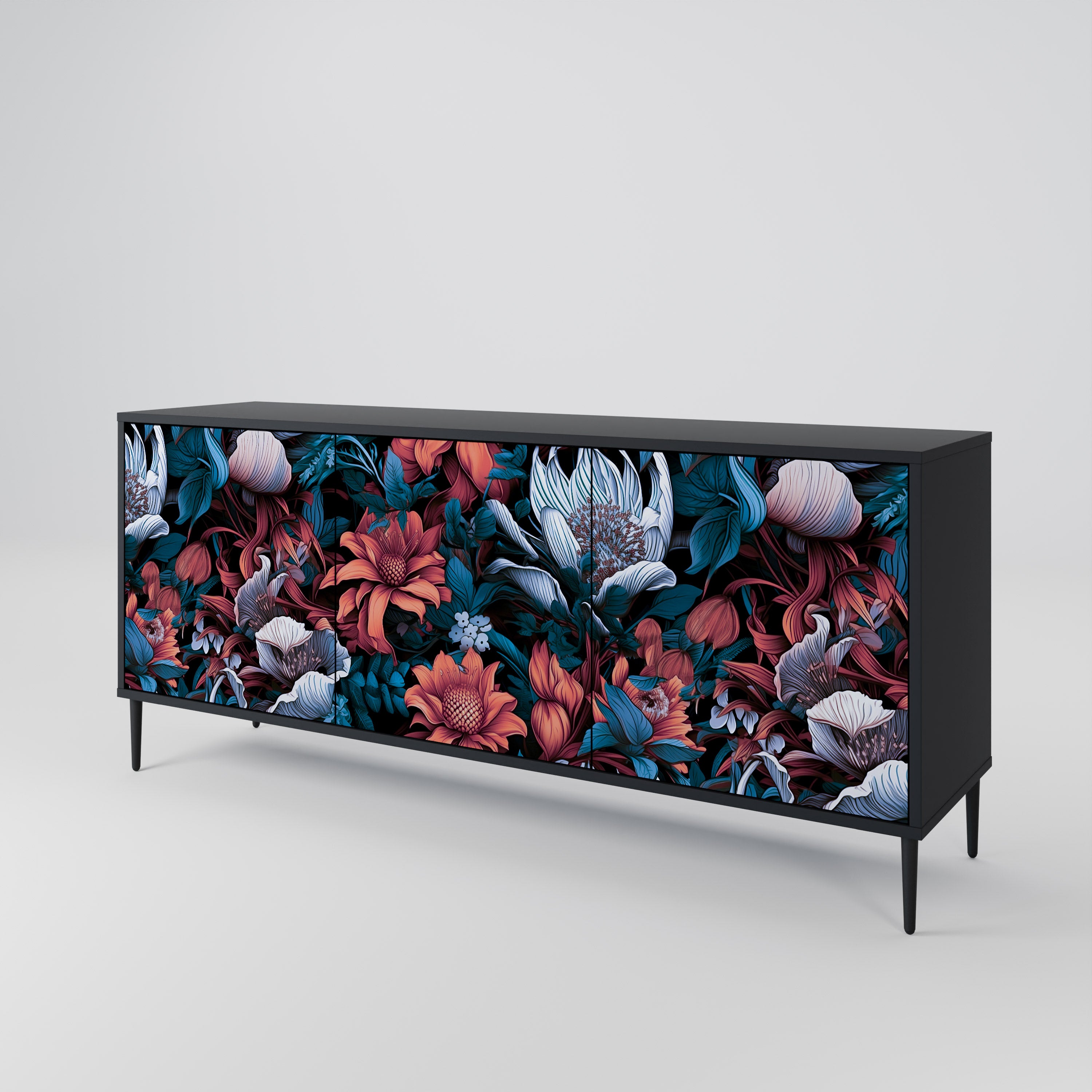 ETHEREAL BLOSSOMS 3-Door Sideboard in Black Finish