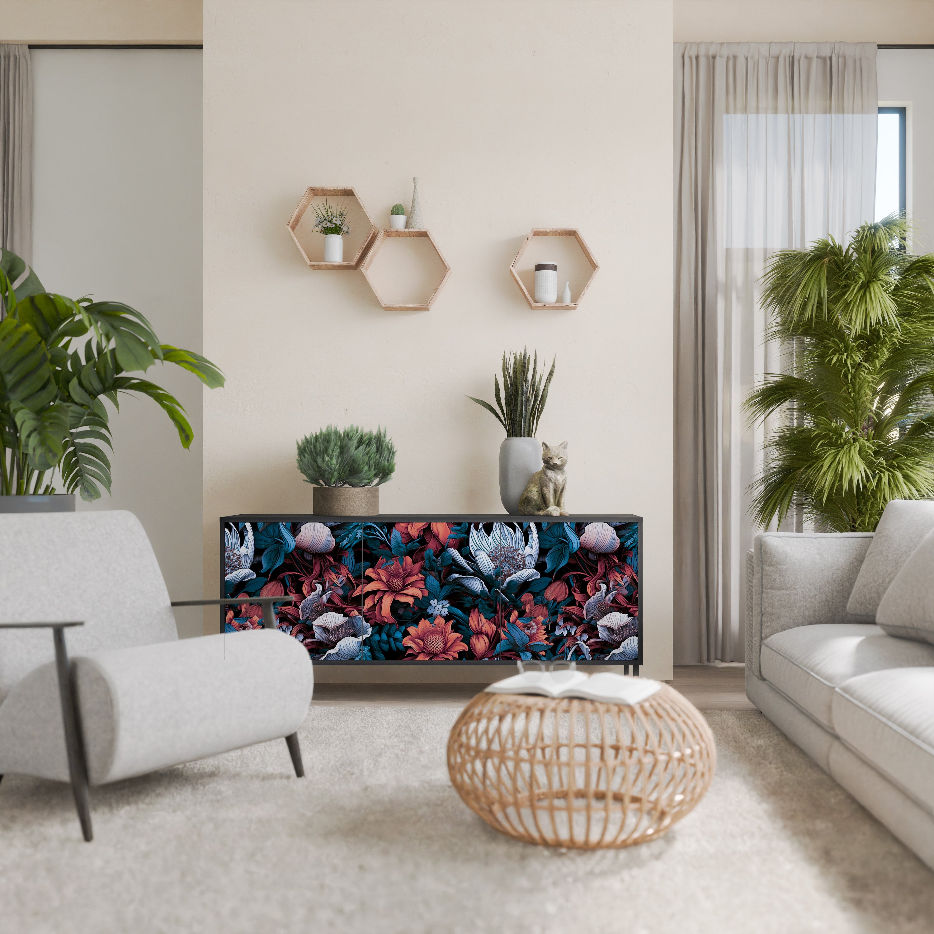 ETHEREAL BLOSSOMS 3-Door Sideboard in Black Finish