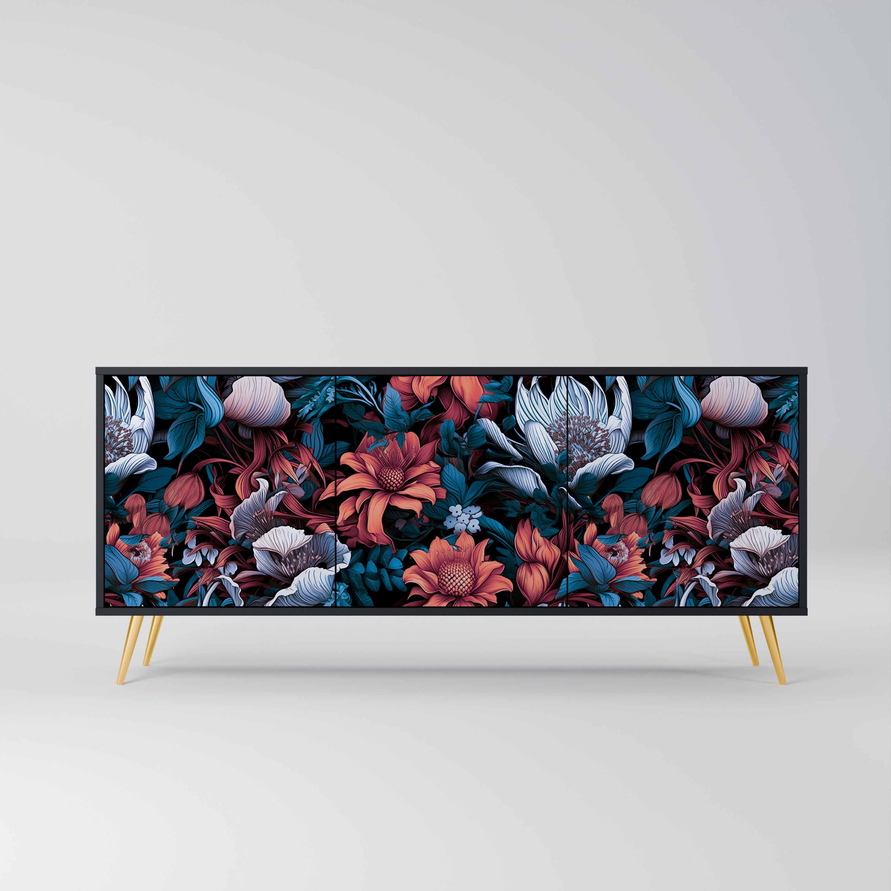 ETHEREAL BLOSSOMS 3-Door Sideboard in Black Finish