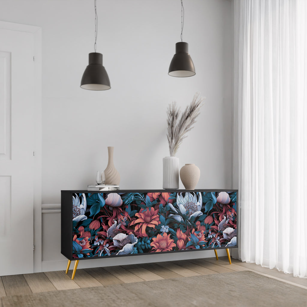 ETHEREAL BLOSSOMS 3-Door Sideboard in Black Finish