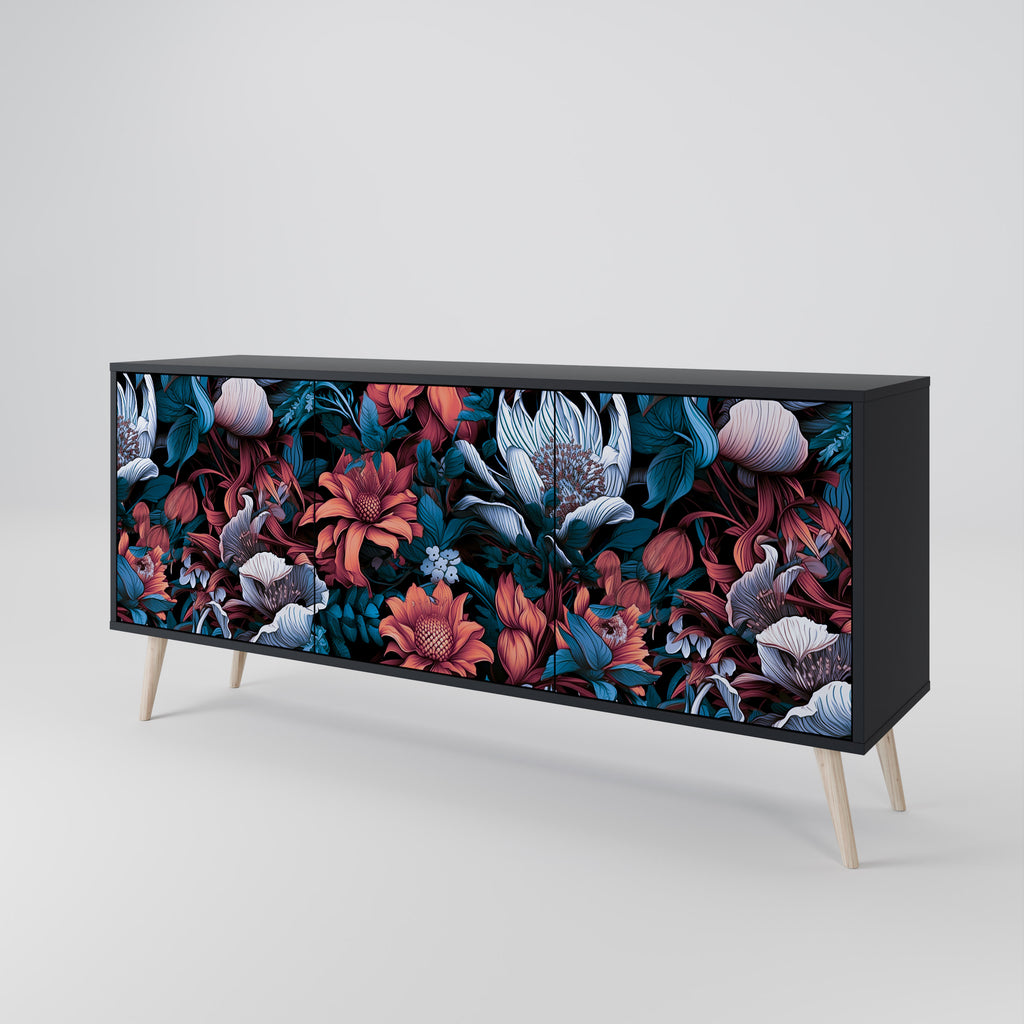 ETHEREAL BLOSSOMS 3-Door Sideboard in Black Finish