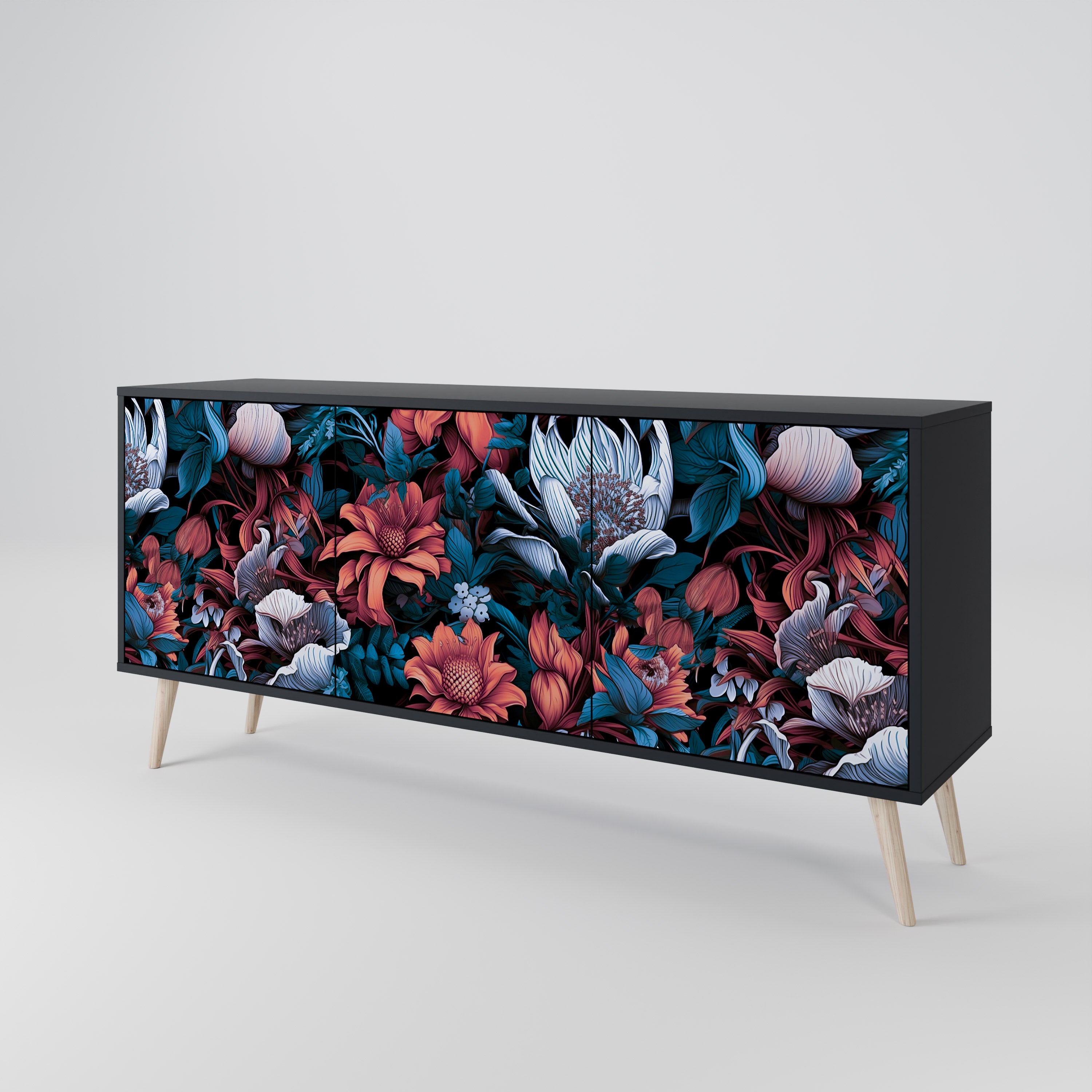 ETHEREAL BLOSSOMS 3-Door Sideboard in Black Finish