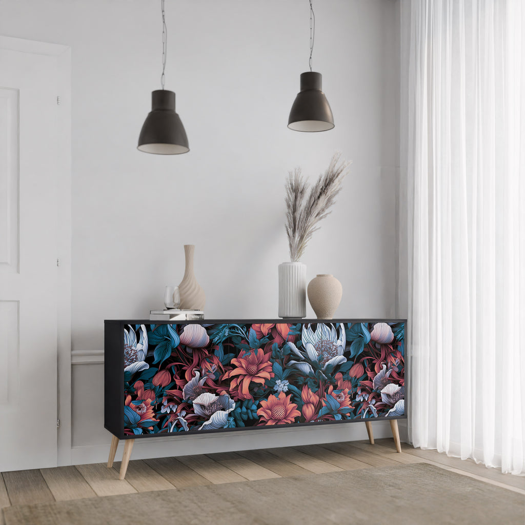 ETHEREAL BLOSSOMS 3-Door Sideboard in Black Finish