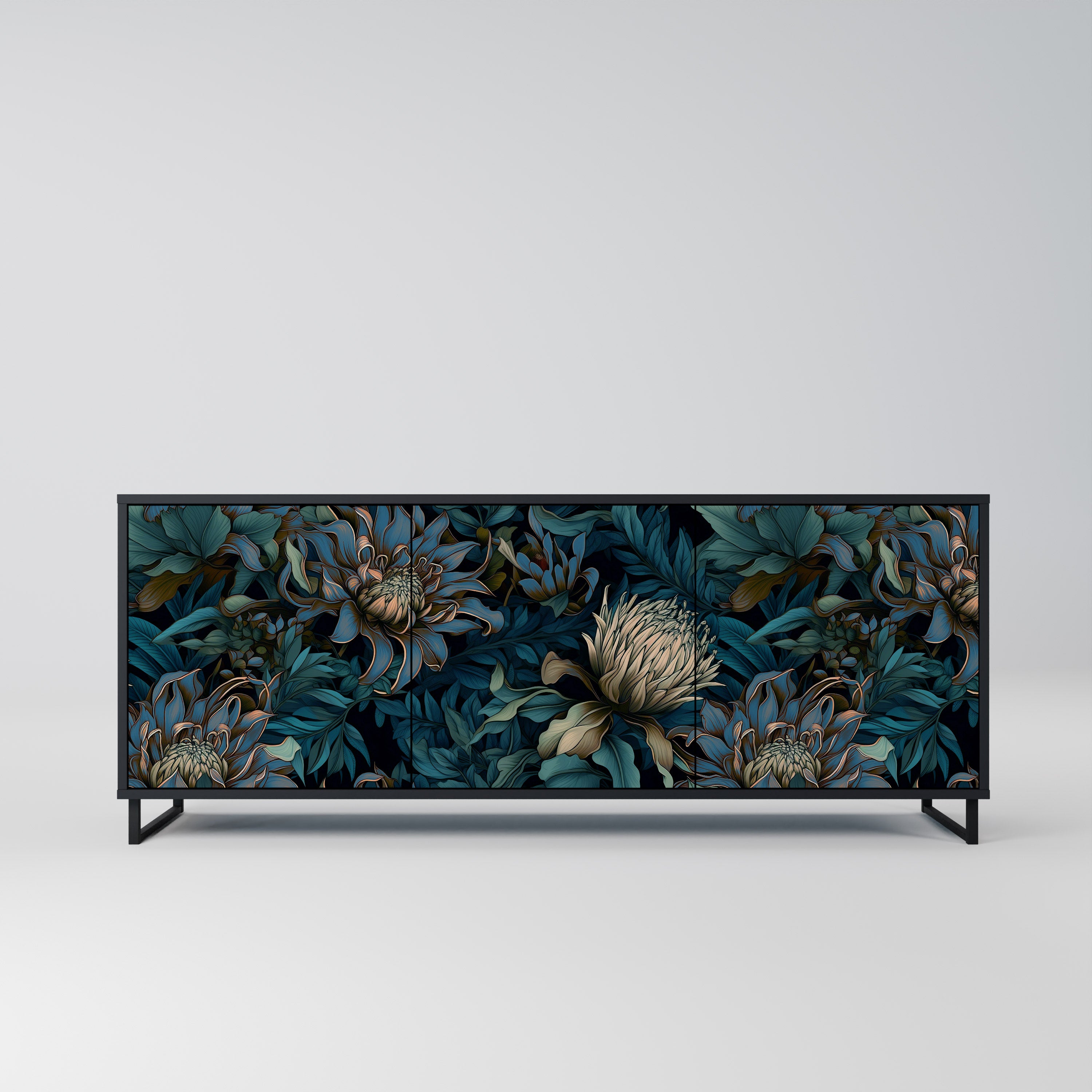 TWILIGHT BLOOM 3-Door Sideboard in Black Finish