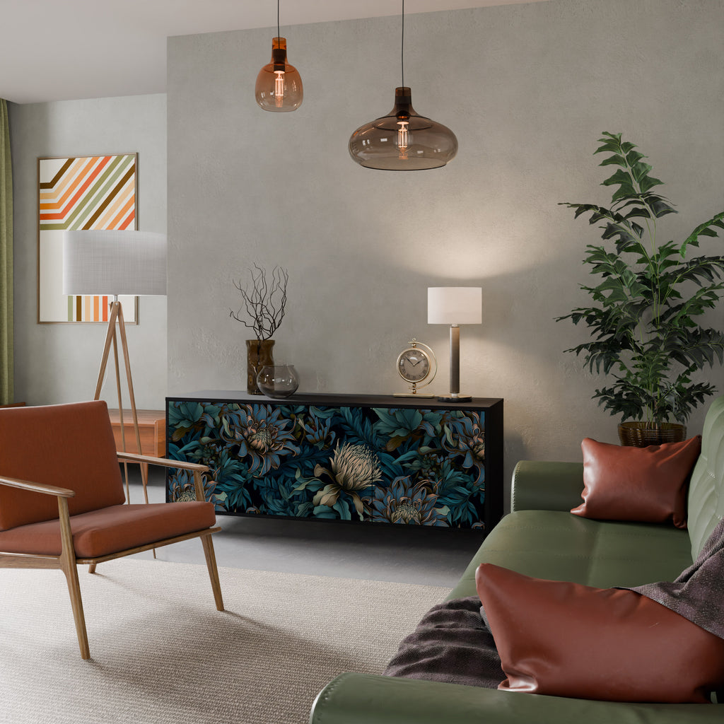 TWILIGHT BLOOM 3-Door Sideboard in Black Finish