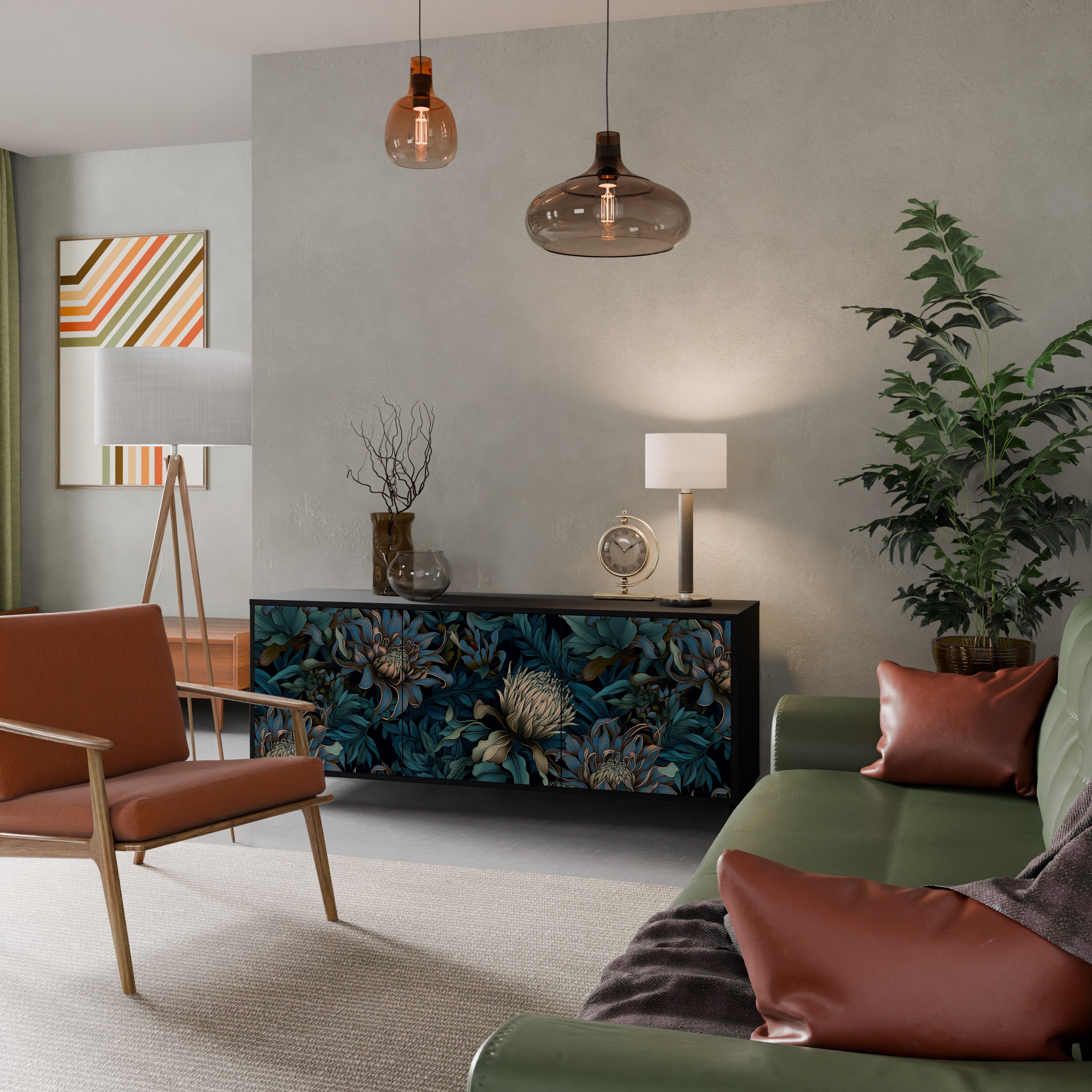 TWILIGHT BLOOM 3-Door Sideboard in Black Finish