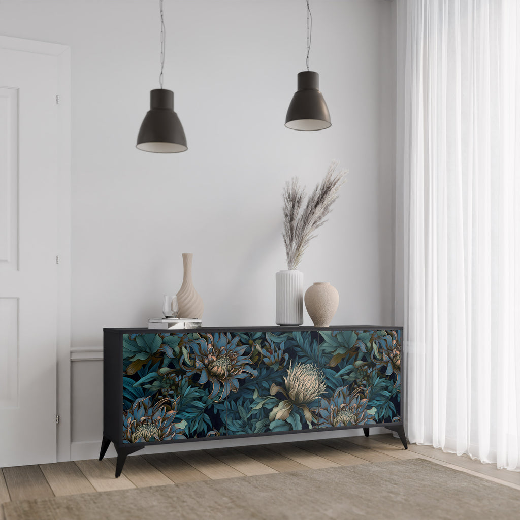 TWILIGHT BLOOM 3-Door Sideboard in Black Finish