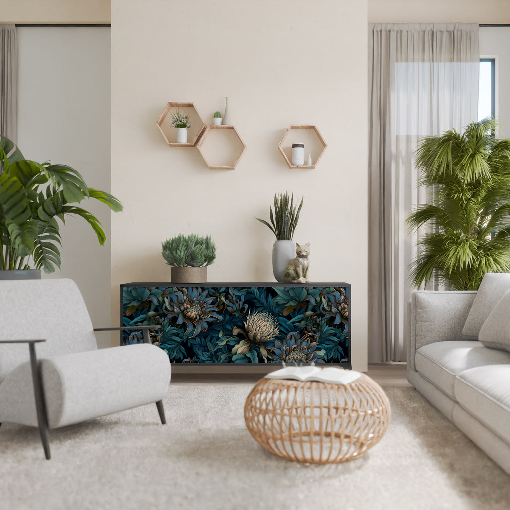 TWILIGHT BLOOM 3-Door Sideboard in Black Finish