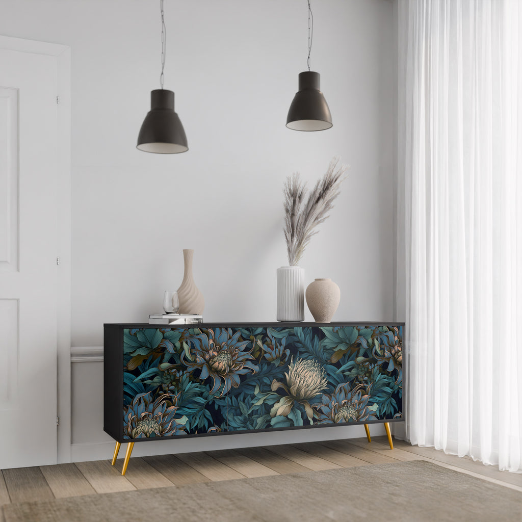 TWILIGHT BLOOM 3-Door Sideboard in Black Finish