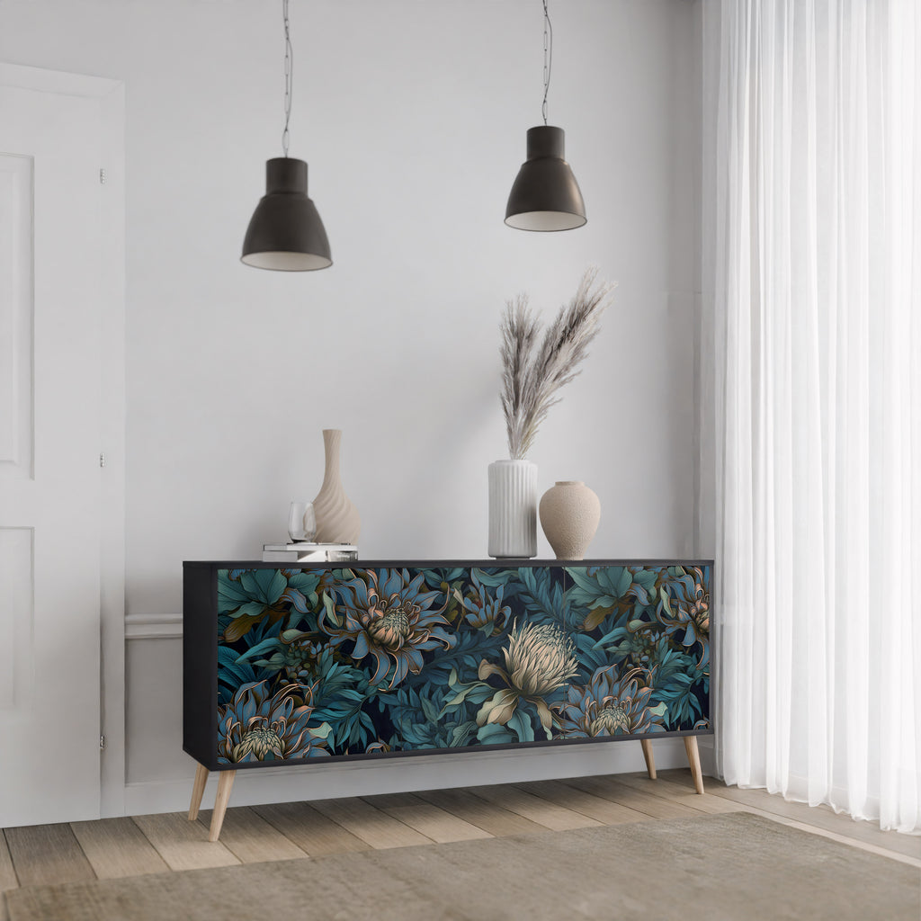 TWILIGHT BLOOM 3-Door Sideboard in Black Finish