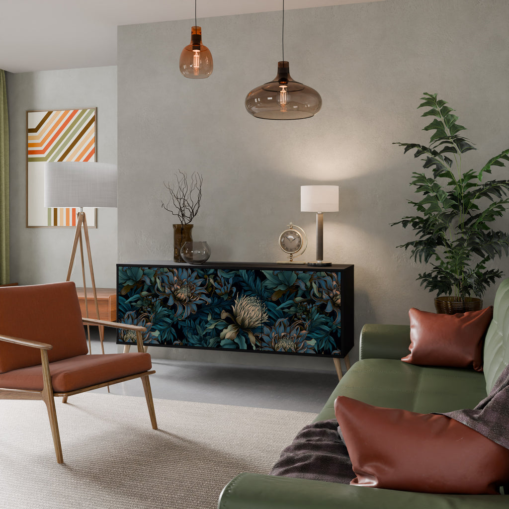 TWILIGHT BLOOM 3-Door Sideboard in Black Finish