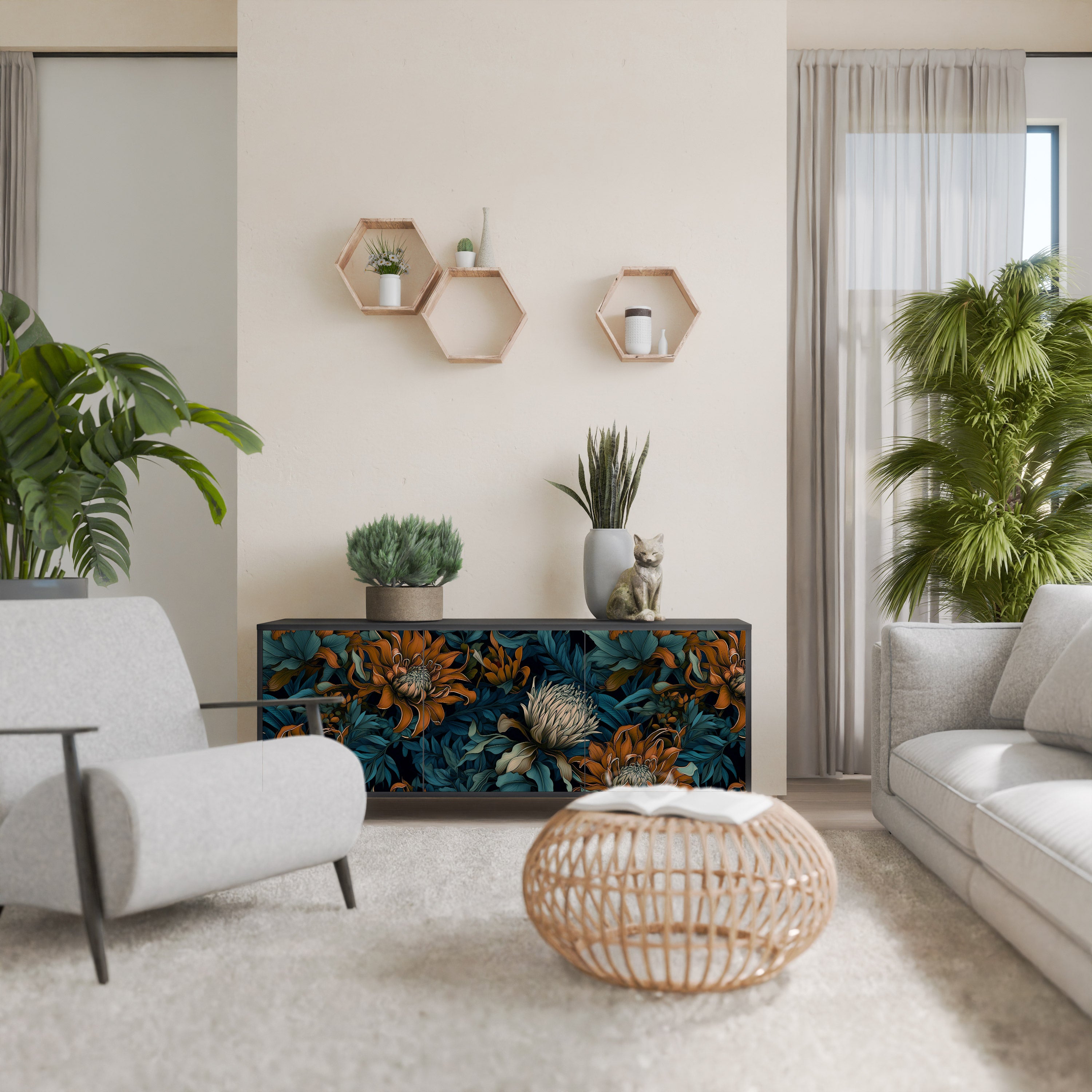 MORNING BLOOM 3-Door Sideboard in Black Finish