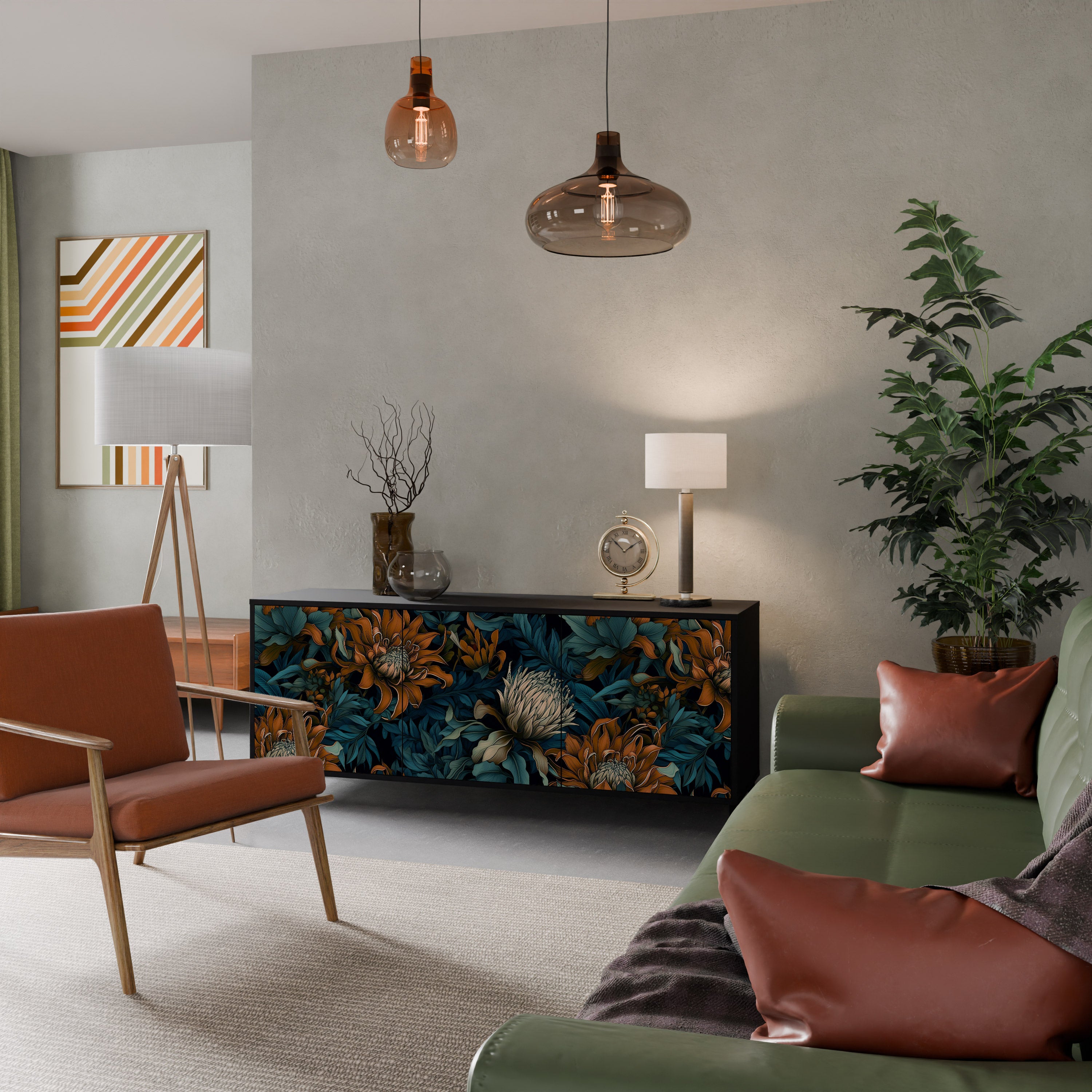 MORNING BLOOM 3-Door Sideboard in Black Finish