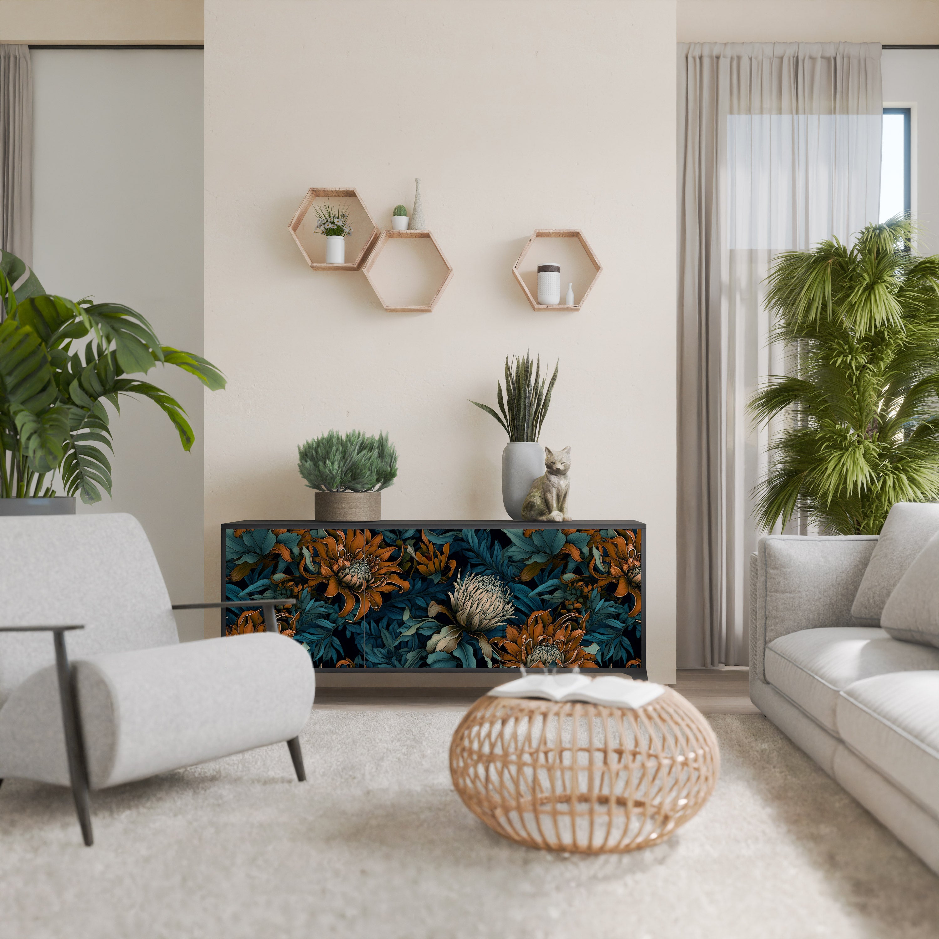 MORNING BLOOM 3-Door Sideboard in Black Finish