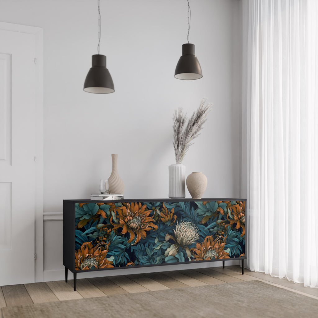 MORNING BLOOM 3-Door Sideboard in Black Finish